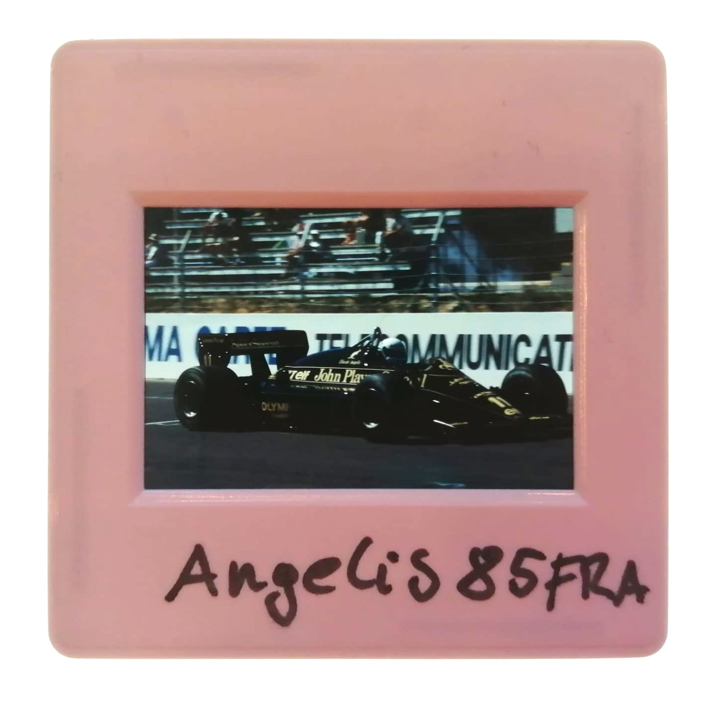 altes Presse Foto DIA, Elio de Angelis, John Player Lotus, Formel 1 Grand Prix Frankreich Le Castellet Paul Ricard 1985, 5x5cm