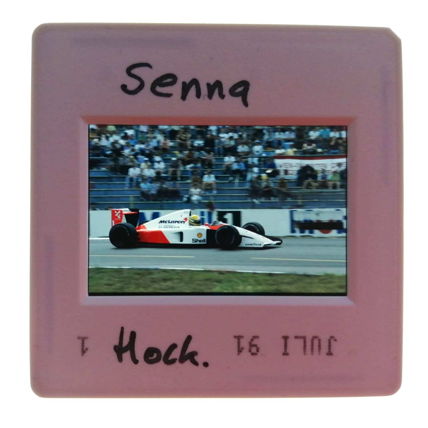 altes Presse Foto DIA, Ayrton Senna, McLaren Honda, Formel 1 Grand Prix Deutschland Hockenheimring 1991, 5x5cm