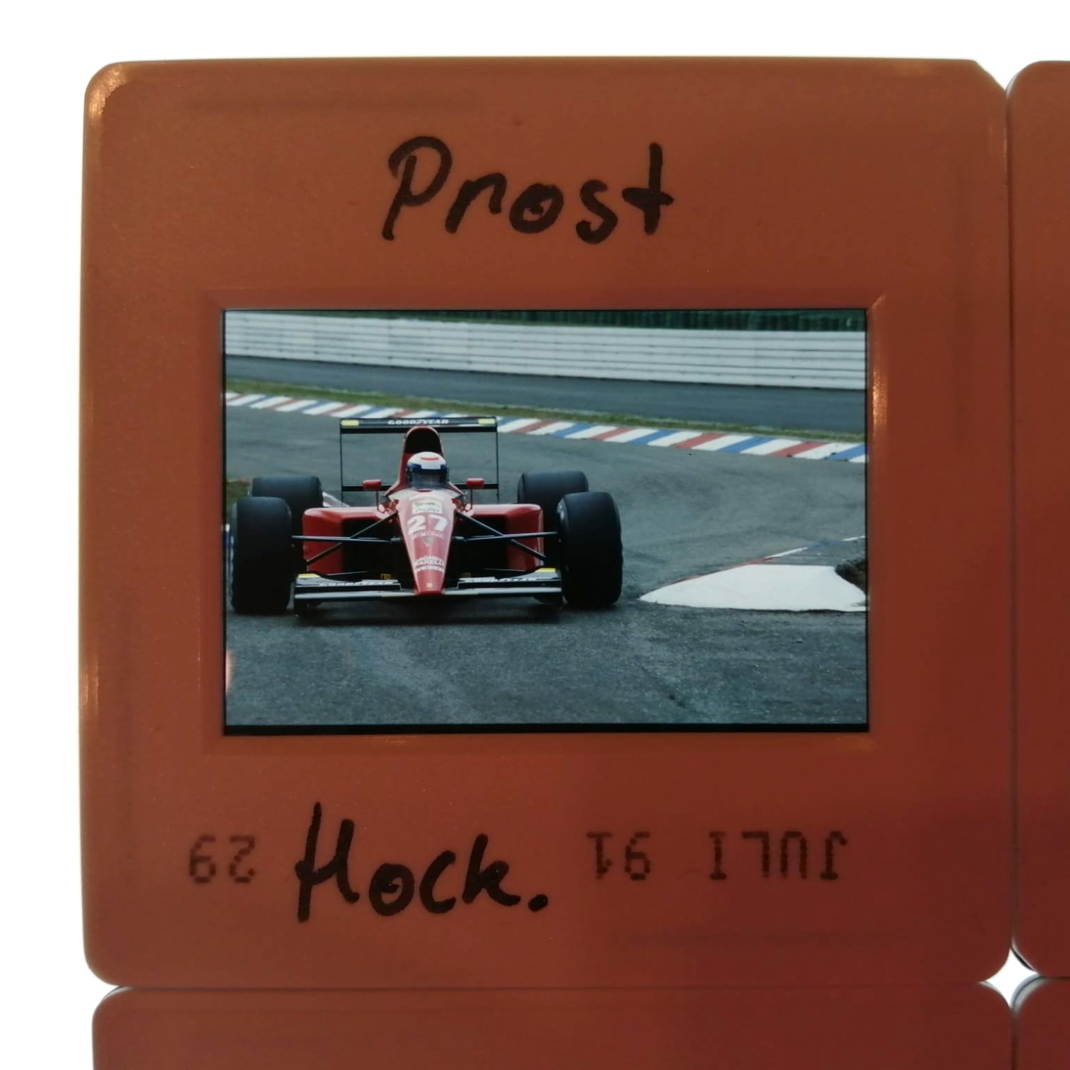 4 Stück alte Presse Foto DIAs, Alain Prost, Ferrari, Formel 1 Grand Prix Ungarn, Hockenheim 1991, 5x5cm 