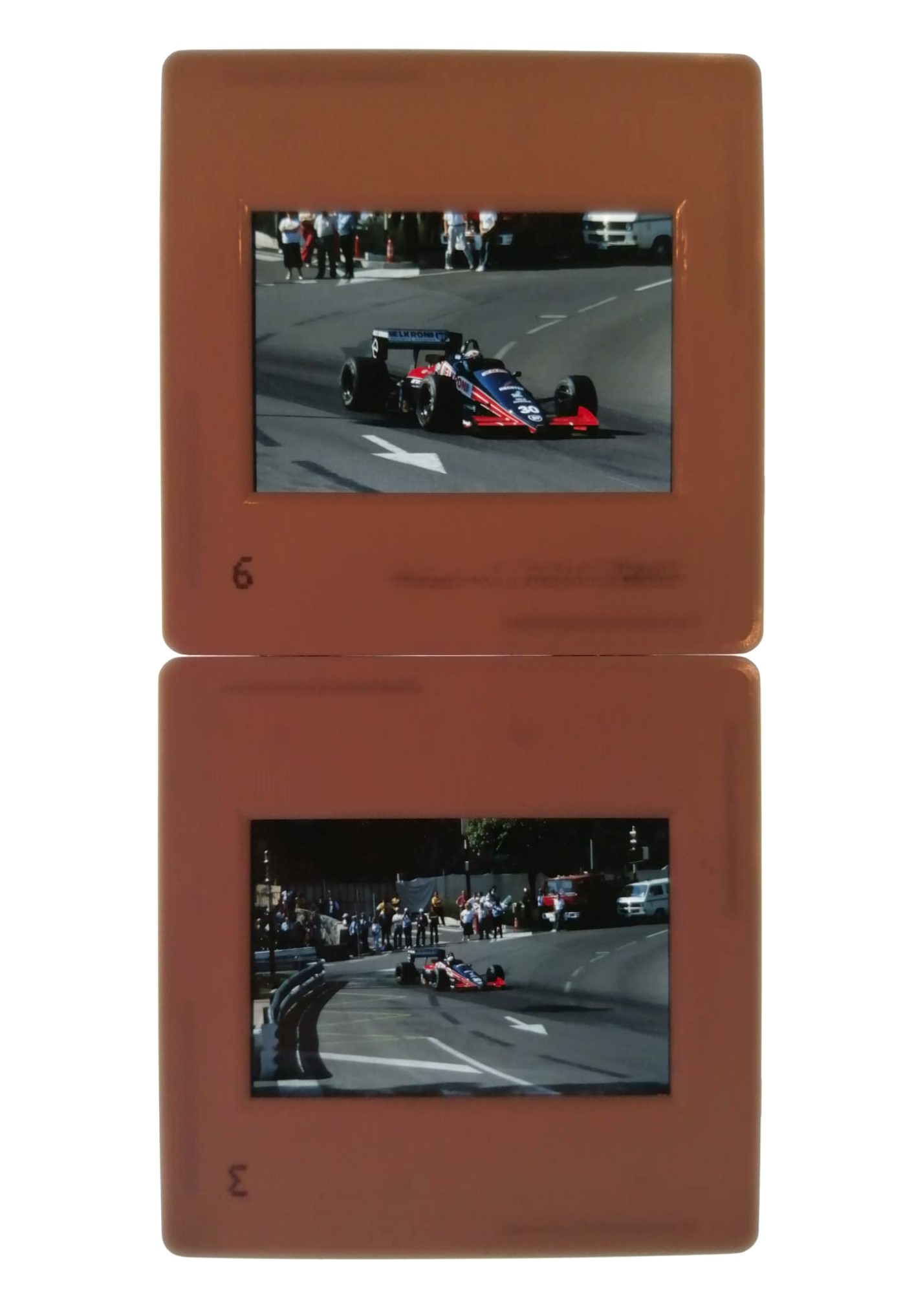 2 Stück alte Presse Foto DIAs, Philippe Alliot, Larrousse Lola, Formel 1 Grand Prix Monaco 1987, 5x5cm 