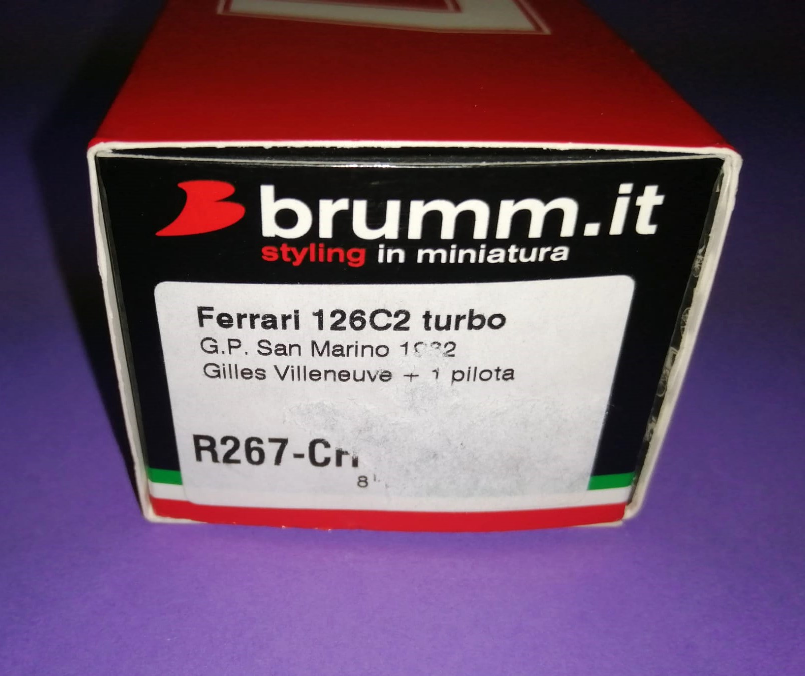 BRUMM Modellauto 1:43, Gilles Villeneuve, Ferrari 126C Turbo, Formel 1 Grand Prix San Marino Imola 1982, In Original Plexiglasbox und Kartonhülle.