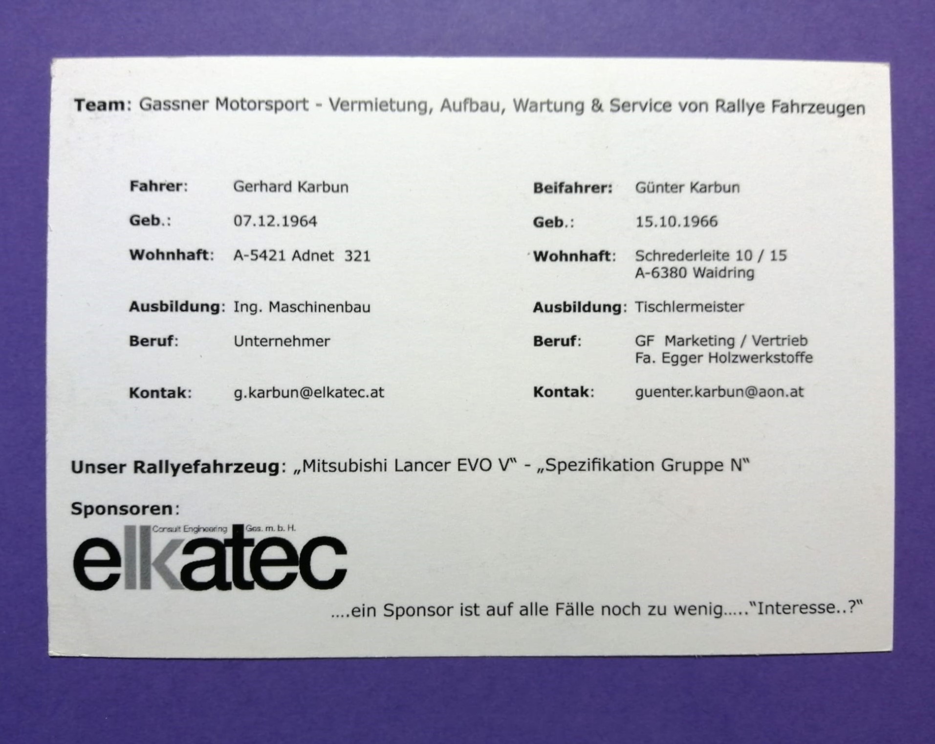 alte Autogrammkarte, Gerhard, Günter Karbun, Mitsubishi Lancer Evo 5 Rallye, Gassner, Karte 10x15cm