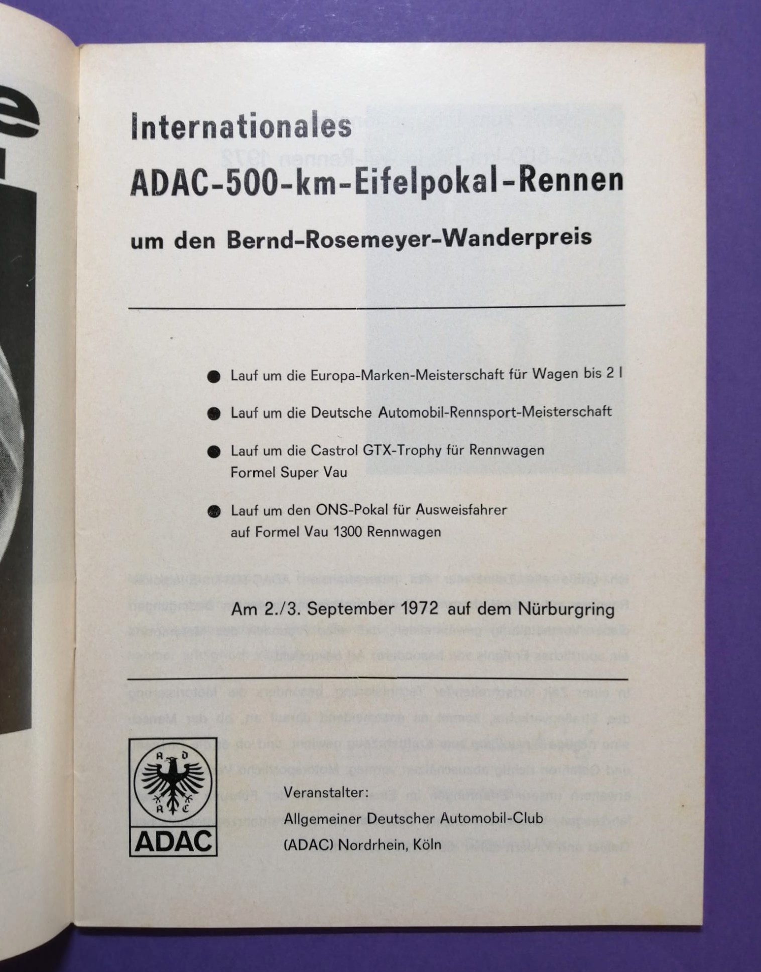 RARITÄT! altes Rennprogramm, 500km Eifelpokal Rennen Nürburgring Nordschleife 1972, Ford Capri DRM, Formel V, Helmut Koinigg, Renault Alpine,..