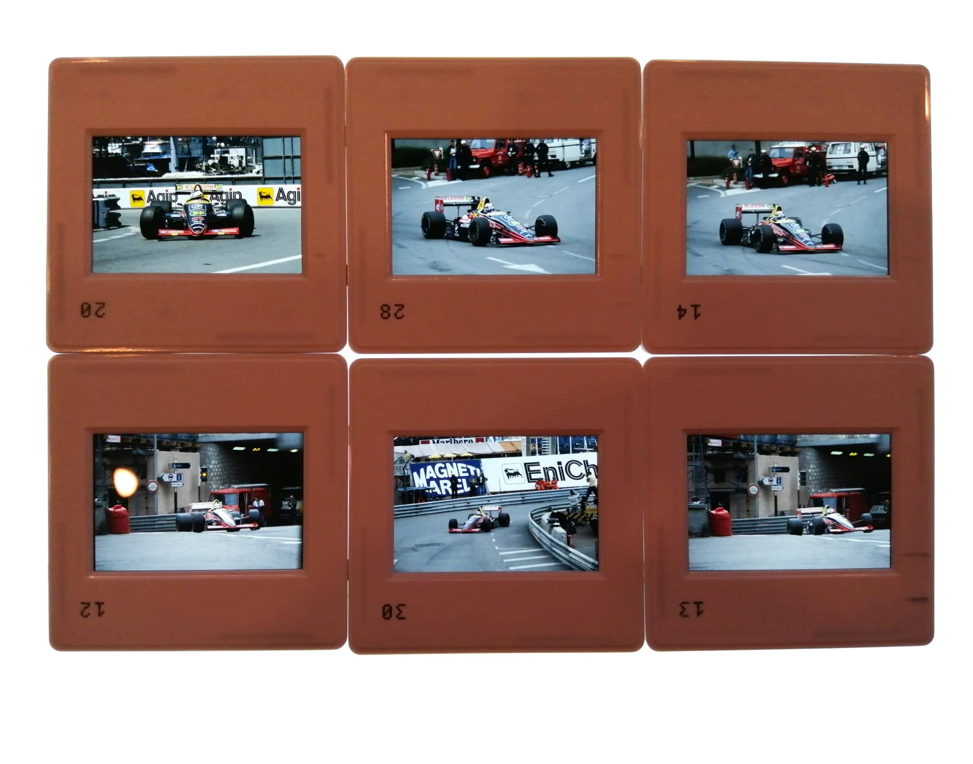 6 Stück alte Presse Foto DIAs, Yannick Dalmas, Philippe Alliot, Larrousse Lola, Formel 1 Grand Prix Monaco 1988, 5x5cm