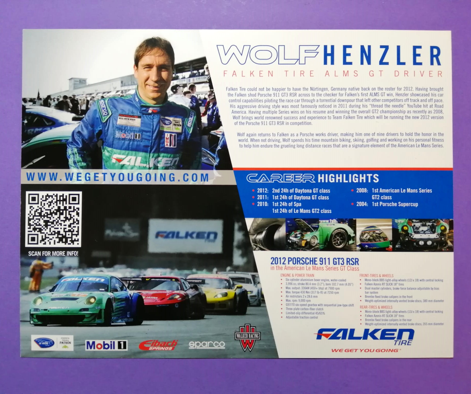 Autogrammkarte 21x27cm, Wolf Henzler, Porsche 911 GT3 RSR, ALMS 2012