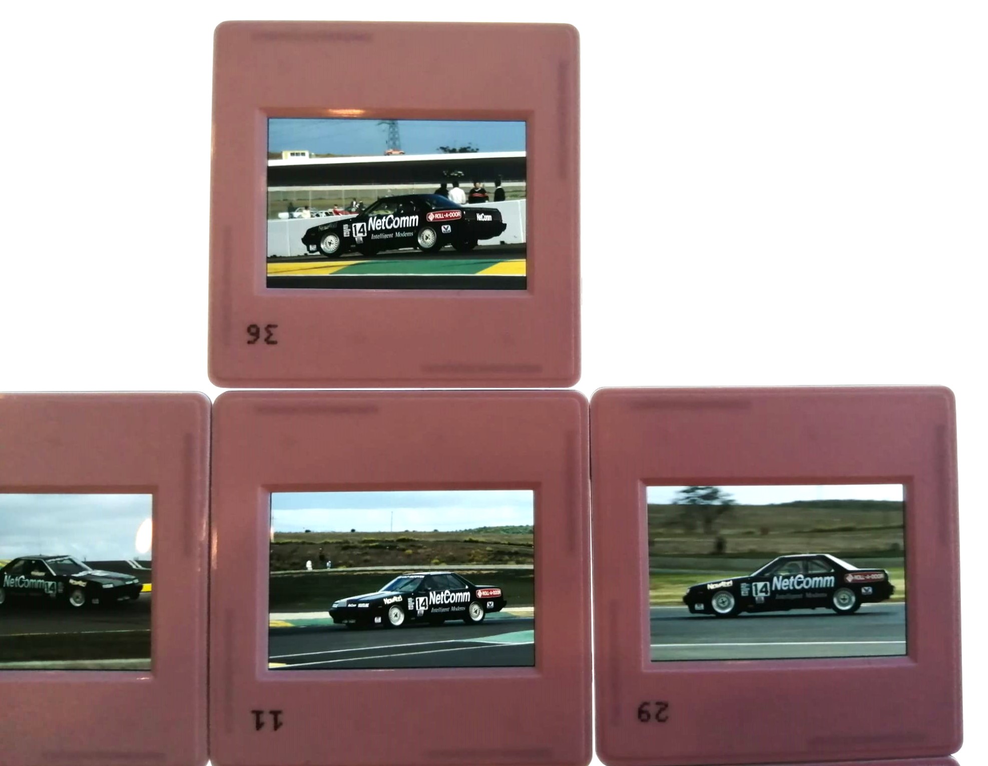 RARITÄT! 7 Stück alte Presse Foto DIAs, Carter, Horley, Masterton, Nettcomm Nissan Skyline RS Turbo DR30, Tourenwagen WM Australien Calder 1987, 5x5cm