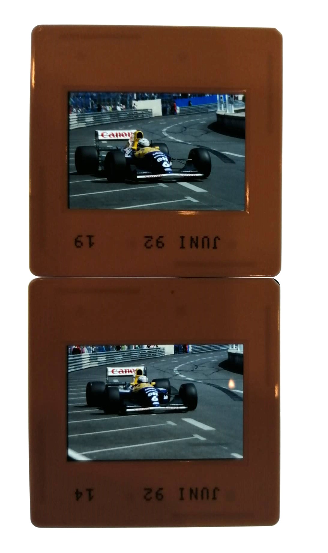 2 Stück alte Presse Foto DIAs, Riccardo Patrese, Williams Renault, Formel 1 Grand Prix Monaco 1992, 5x5cm