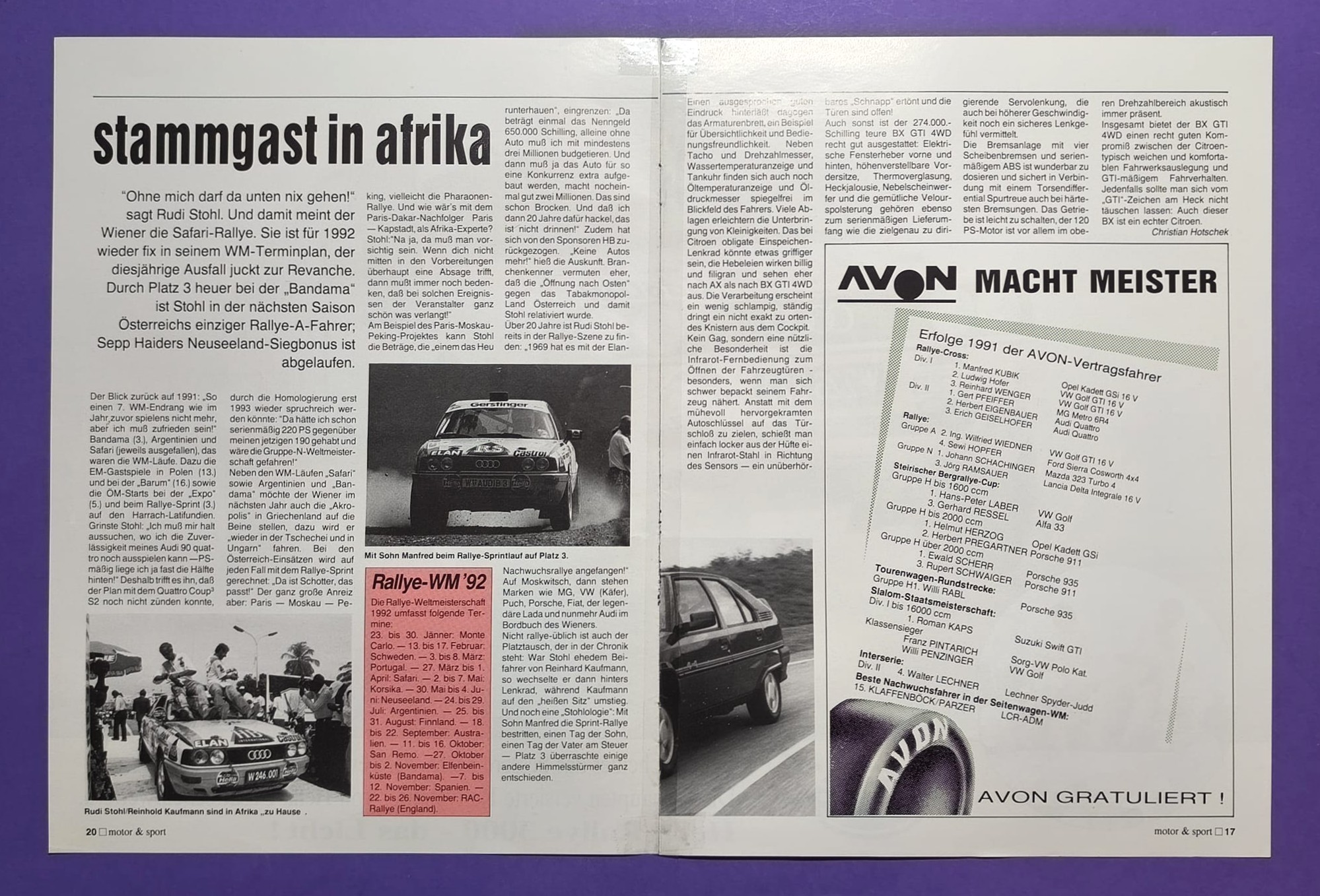 altes Hella Poster, Rudi Stohl, Reinhold Kaufmann, HB Audi 90 Quattro, Safari Rallye WM 1991, 28x42cm 