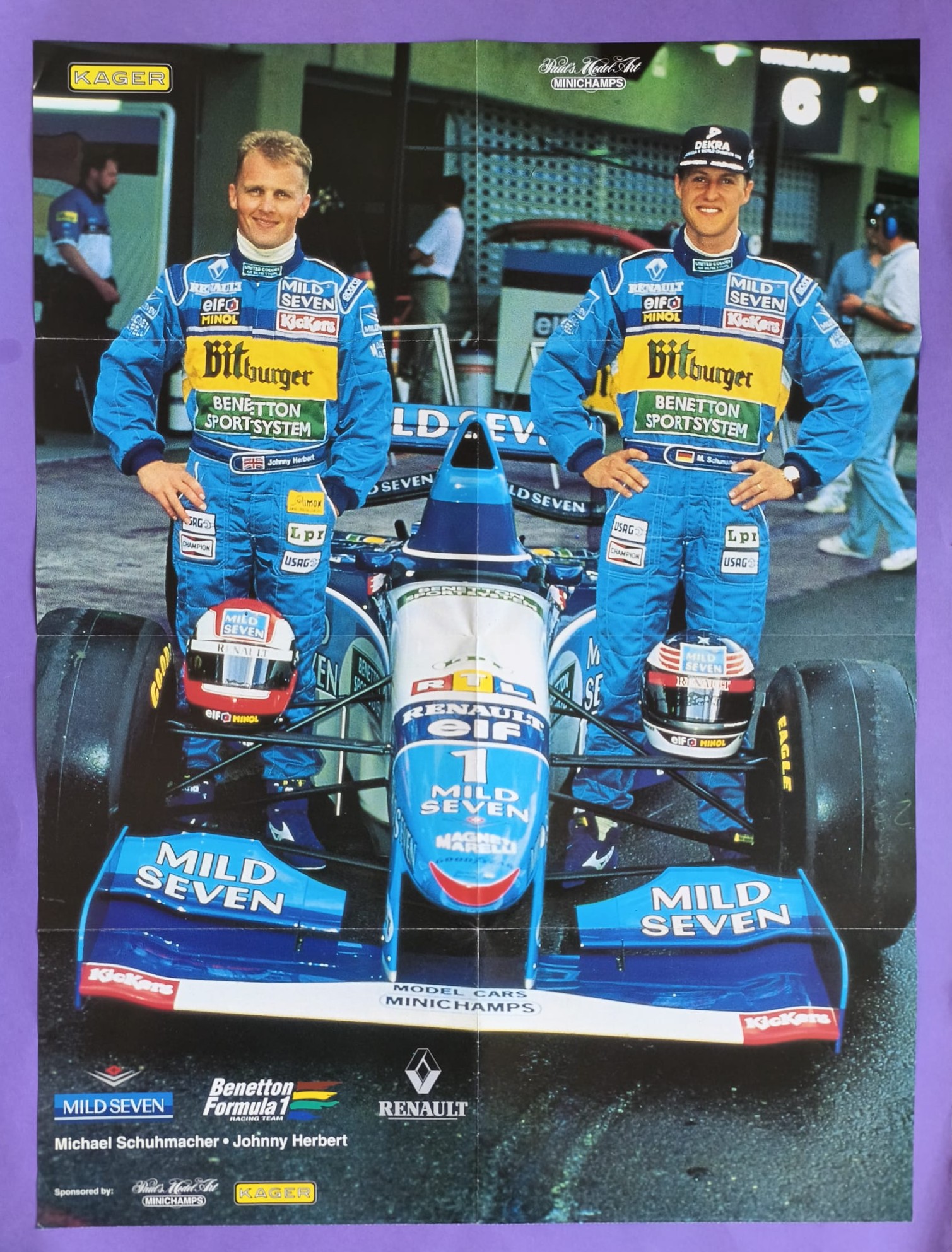 altes Poster Michael Schumacher, Johnny Herbert, Benetton Renault, Formel 1 Grand Prix Weltmeister 1995, 45x61cm
