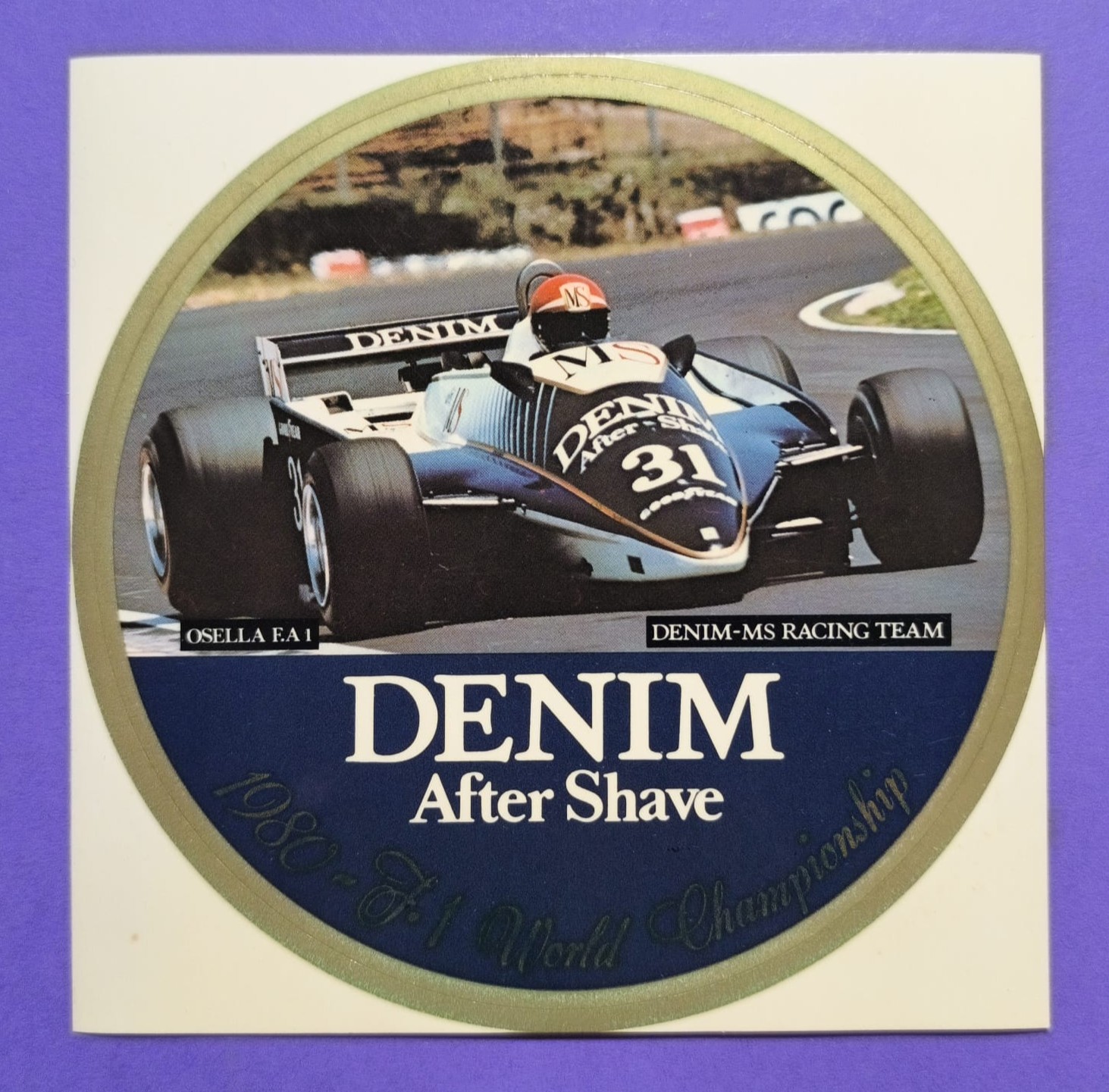 RARITÄT! alter Aufkleber Sticker, Eddie Cheever, Denim Osella, Formel 1 Grand Prix 1980, Durchmesser: 12 cm