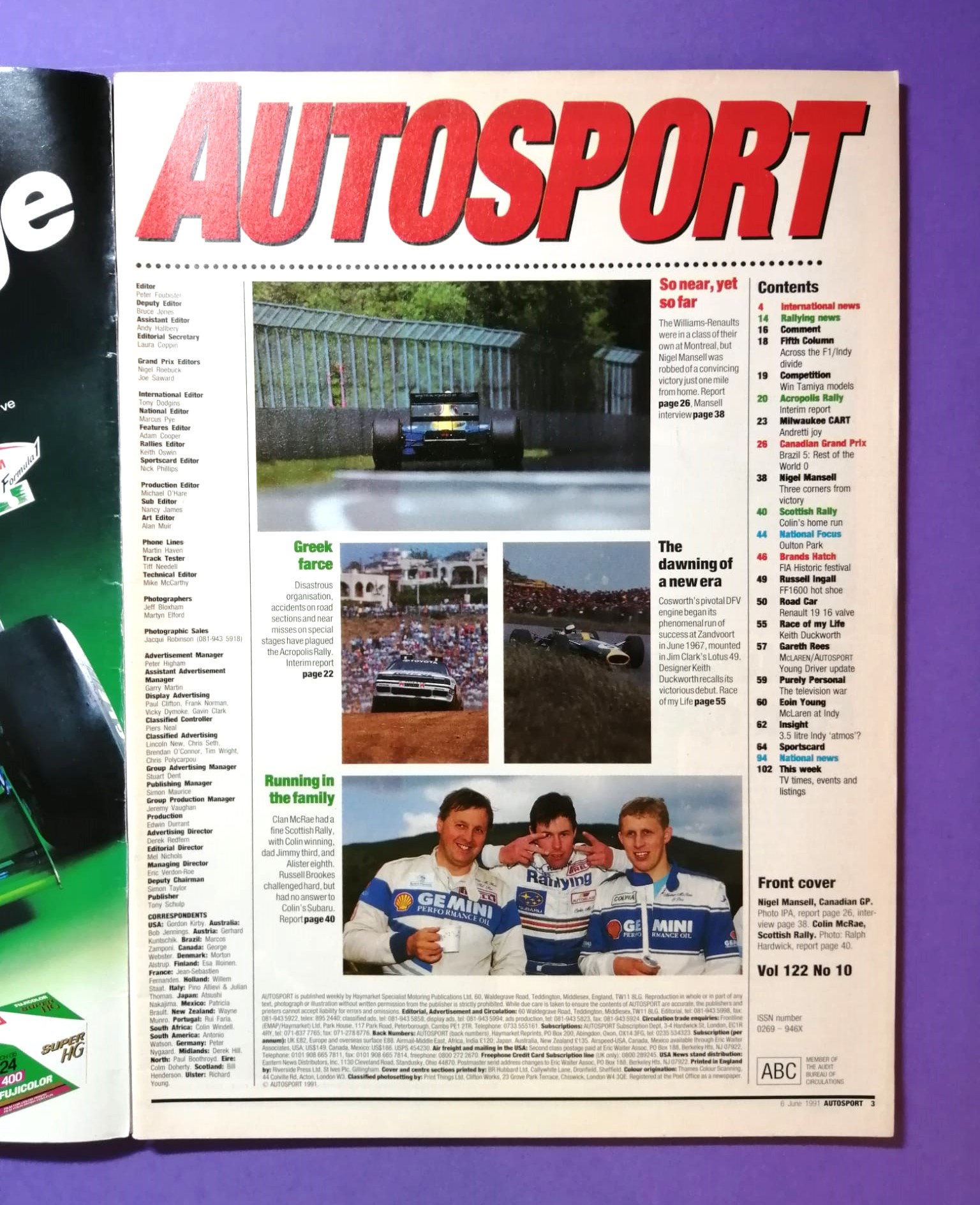 alte Zeitschrift Magazin Heft Autosport, 6. Juni 1991, Nigel Mansell, Williams Renault, Formel 1, Rallye, Indy Car,.. Englisch