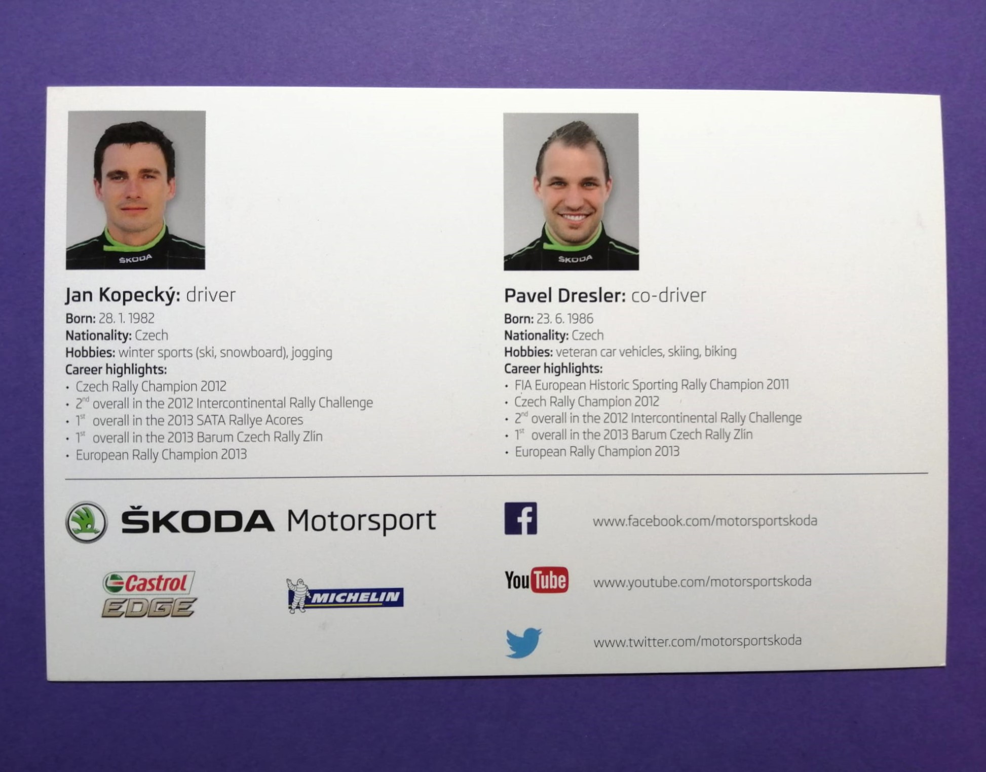 Autogrammkarte, Jan Kopecky, Pavel Dresler, Skoda Fabia Super 2000 WRC Rallye, 2010er Jahre, 13x20cm