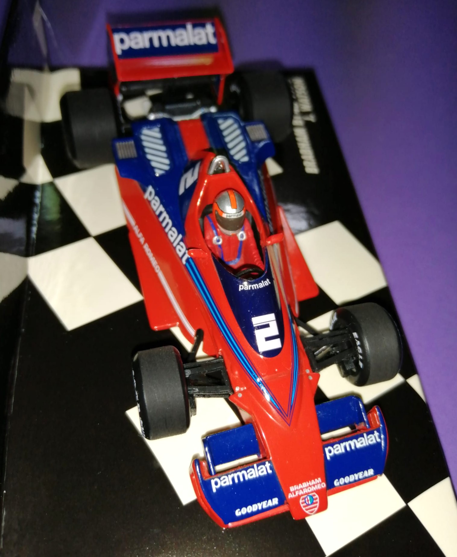 altes MINICHAMPS Modellauto 1:43, John Watson, Brabham Alfa-Romeo BT46, Formel 1 Grand Prix 1978, in Original Plexiglasbox. 