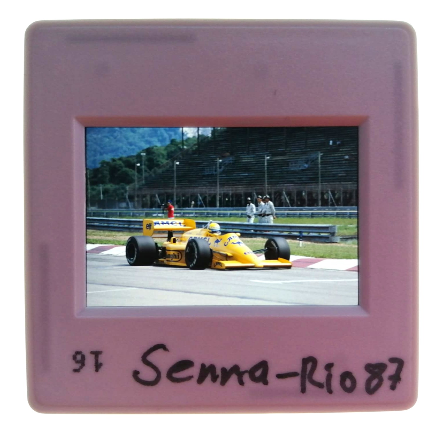 altes Presse Foto DIA, Ayrton Senna, Camel Lotus Honda, Formel 1 Grand Prix Brasilien Rio de Janeiro 1987, 5x5cm