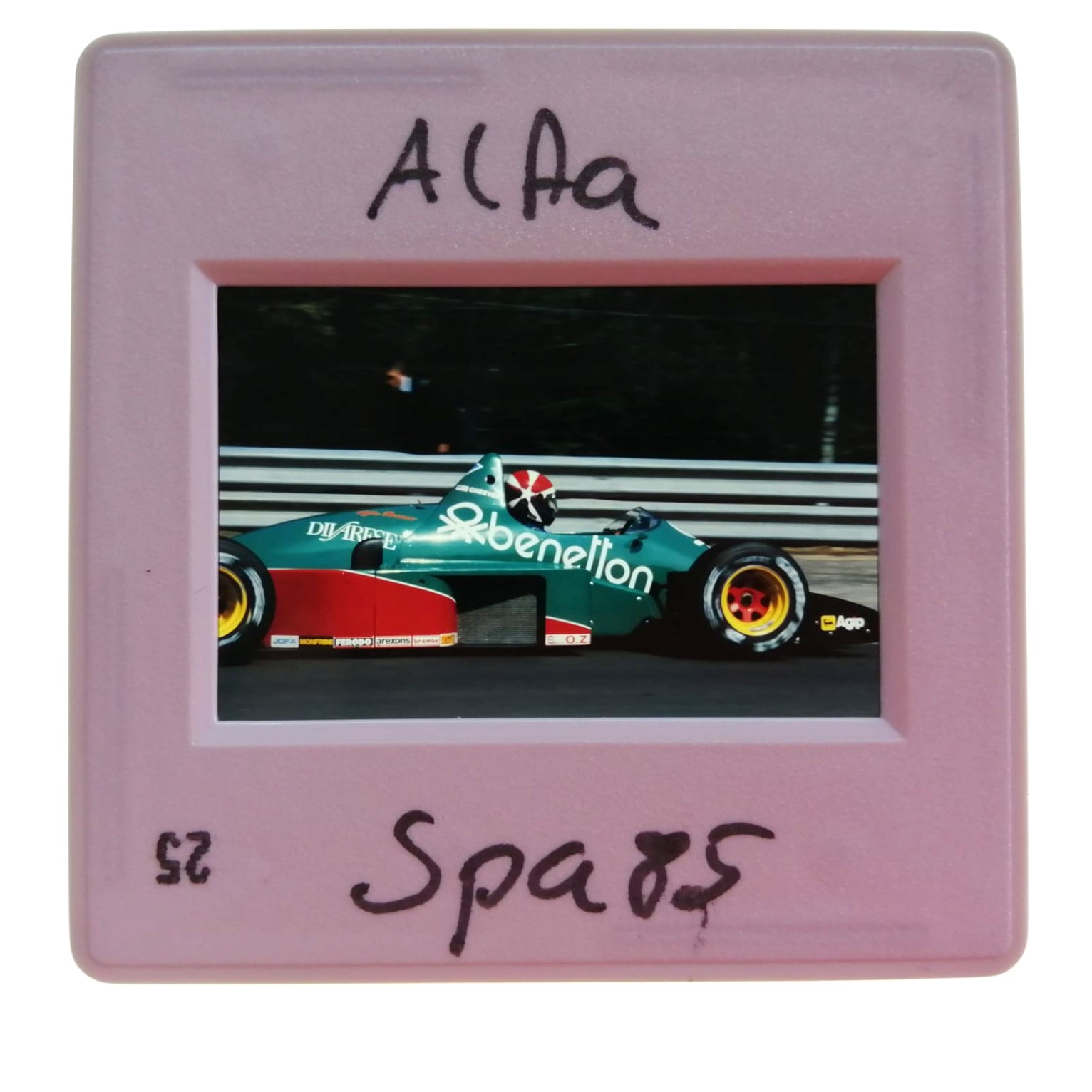 altes Presse Foto DIA, Alfa-Romeo, Eddie Cheever, Formel 1 Grand Prix Belgien Spa-Francorchamps 1985, 5x5cm