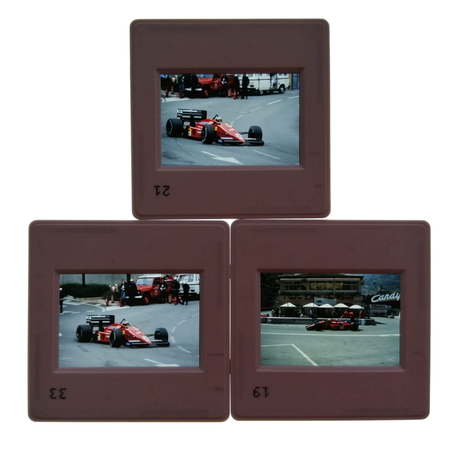 3 Stück alte Presse Foto DIAs, Michele Alboreto, Ferrari, Formel 1 Grand Prix Monaco 1988, 5x5cm