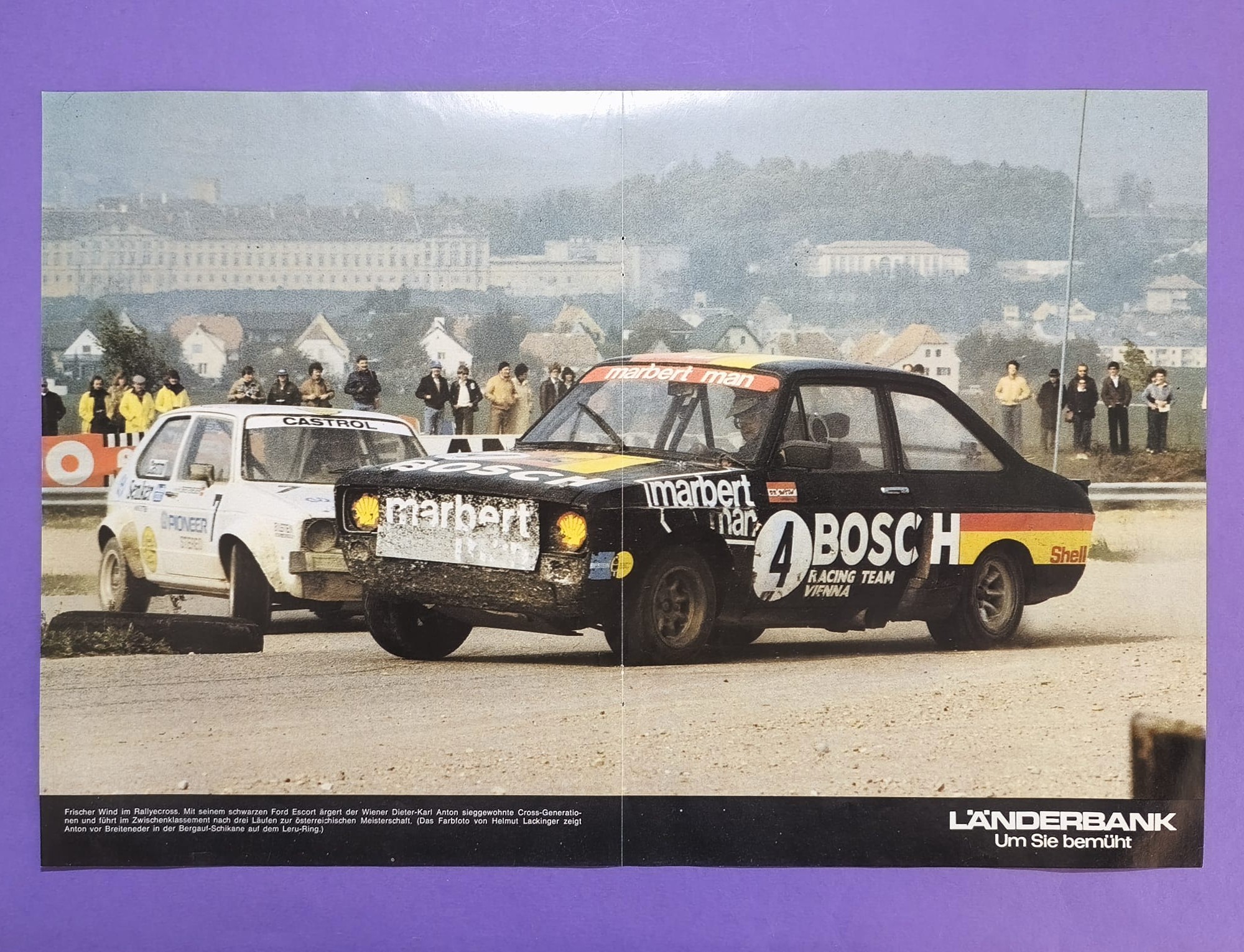 altes Poster, Ford Escort - Dieter-Karl Anton, VW Golf 1 - Herbert Breiteneder, Rallye Cross Melk Leruring 70er Jahre, 28x42cm