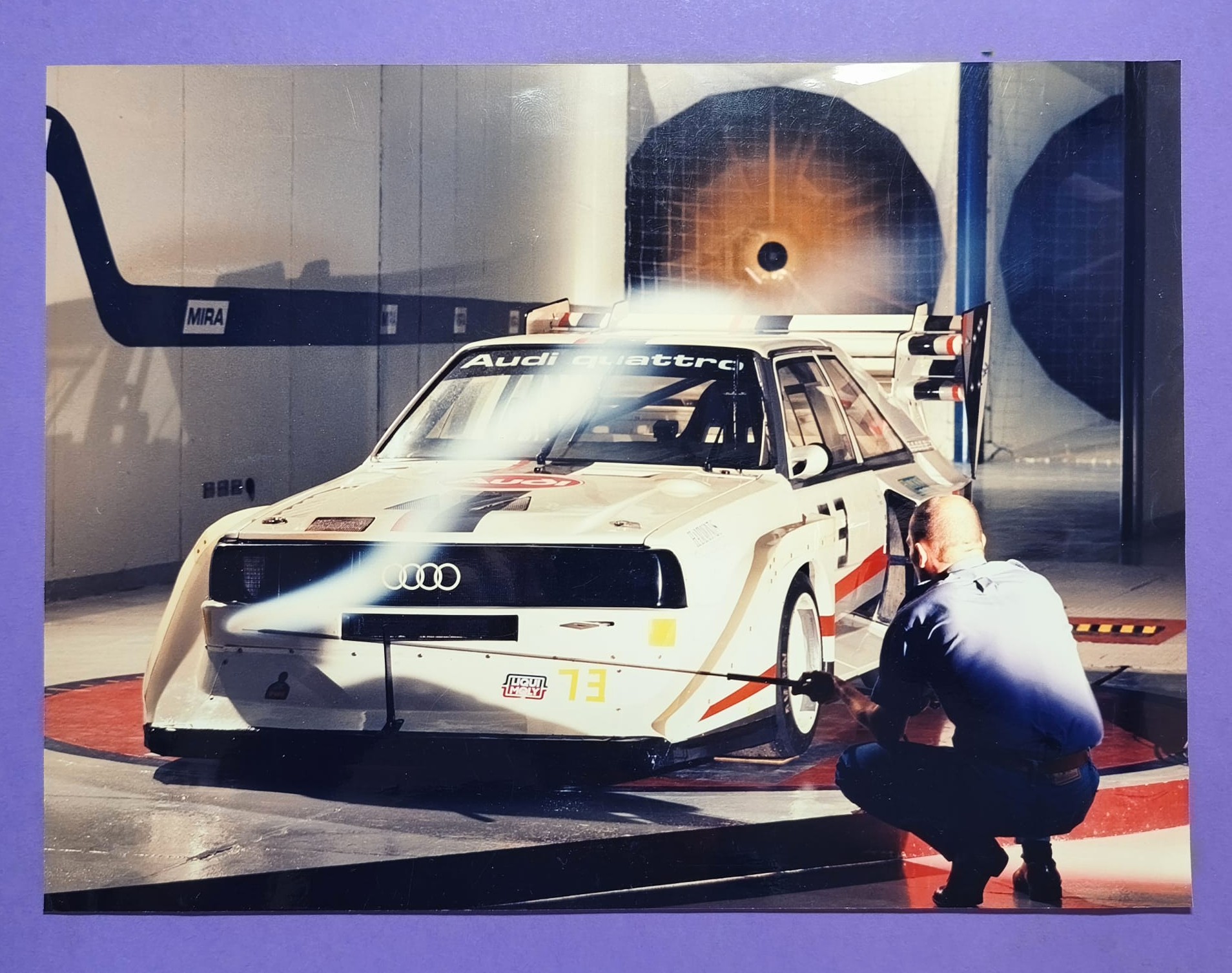 altes Pressefoto 21x28cm, Audi Quattro S1 im Windkanal, Rallye WM 80er Jahre, Walter Röhrl
