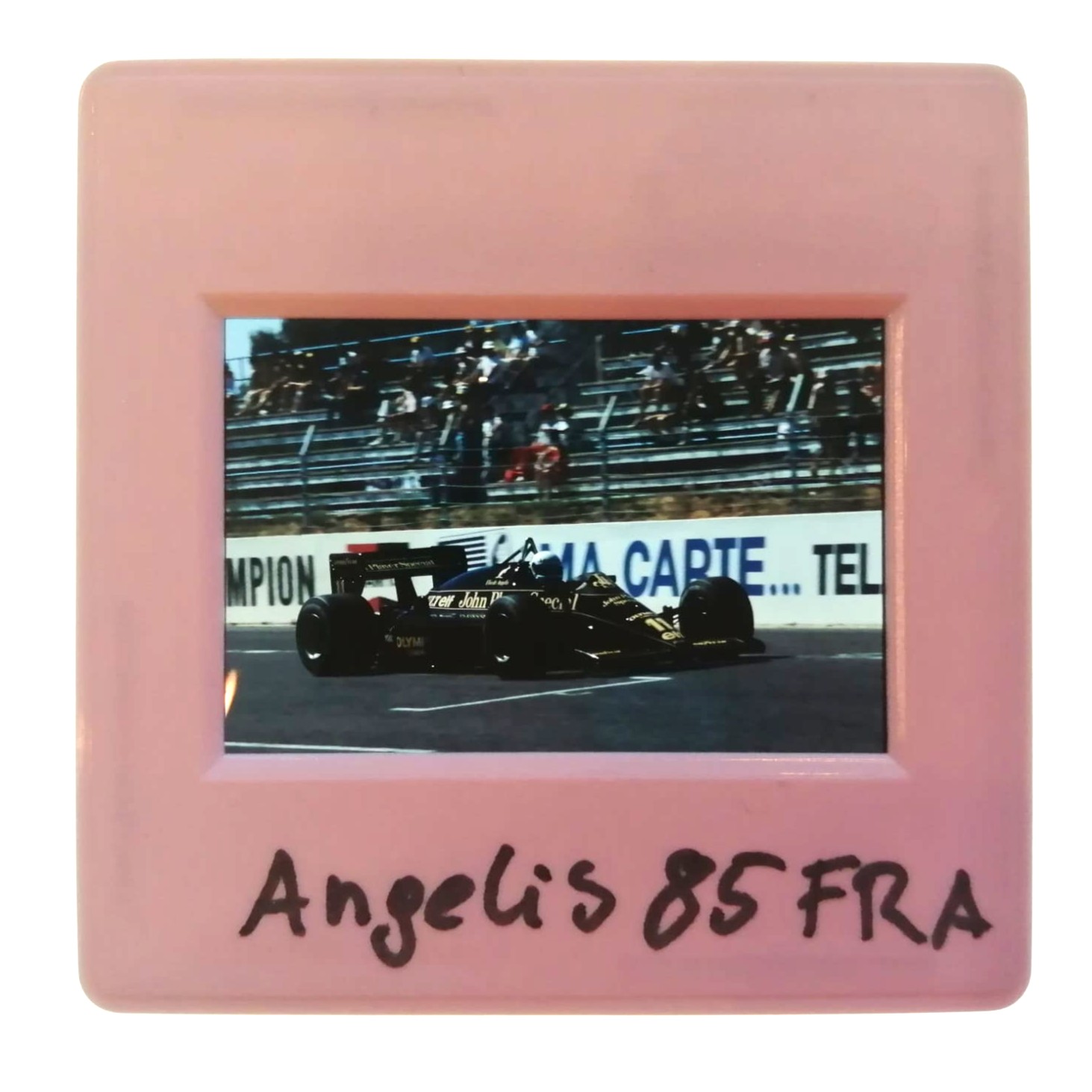 altes Presse Foto DIA, Elio de Angelis, John Player Lotus, Formel 1 Grand Prix Frankreich Le Castellet Paul Ricard 1985, 5x5cm