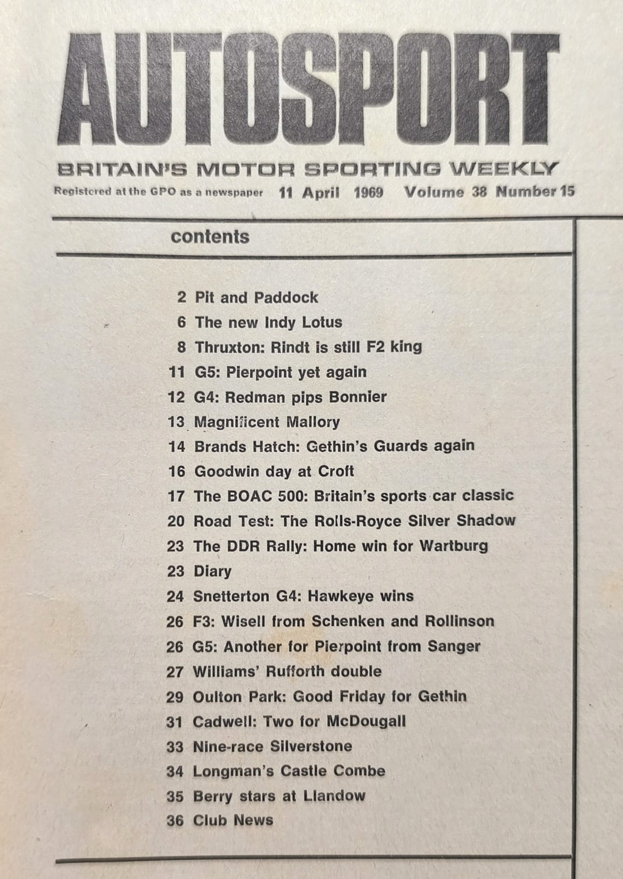 alte Zeitschrift Magazin Heft Autosport, 11. April 1969, Jochen Rindt Formel 2 Thruxton,.. Englisch!