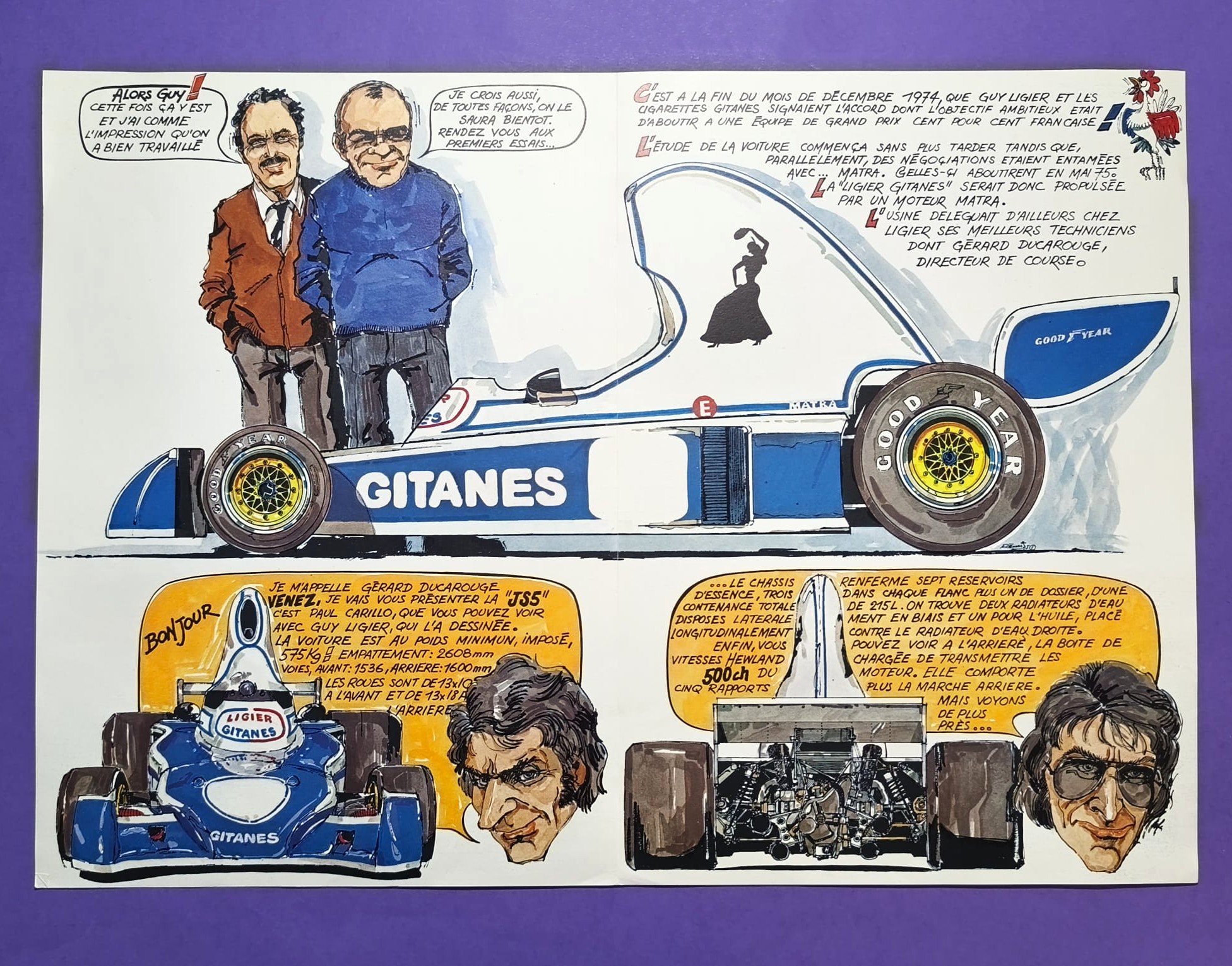 2 Stück alte Comic Folder, Gitanes Ligier Matra, Formel 1 Grand Prix 1976, 21x30cm