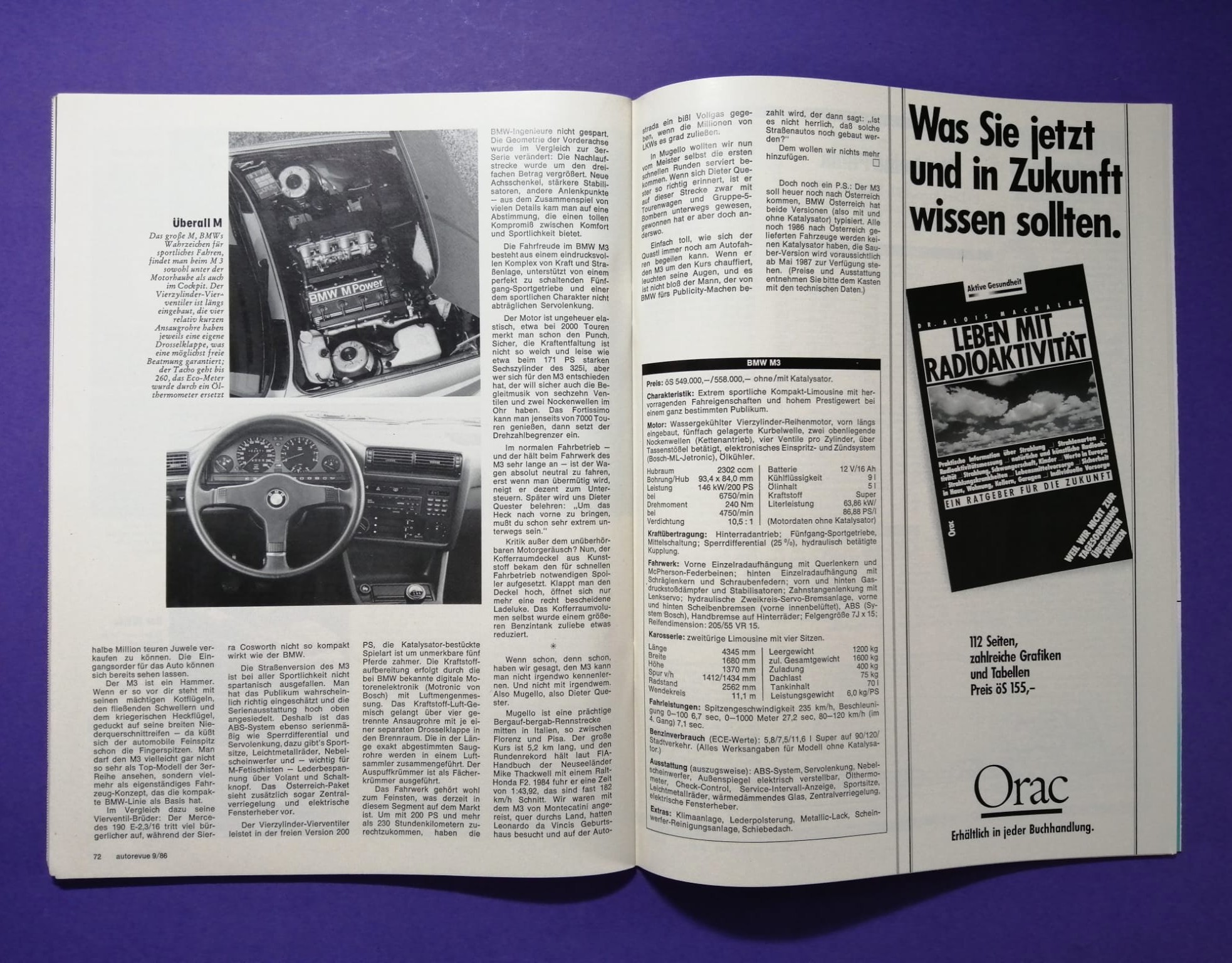 alte Auto Revue Zeitschrift Magazin Heft, 09/1986, Testbericht BMW M3 E30, mit Mittelposter Michele Alboreto Ferrari Formel 1