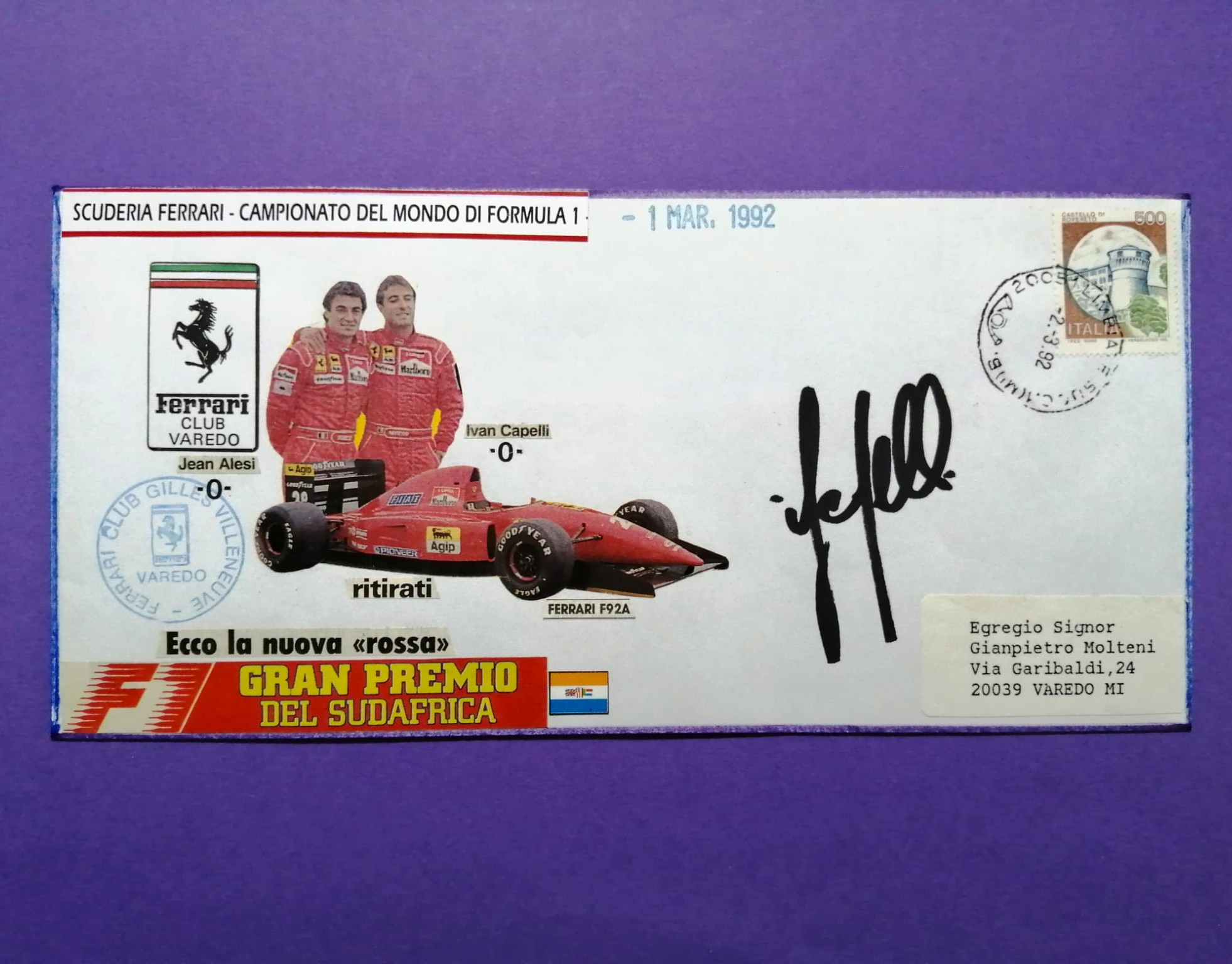 Original Autogramm, Ivan Capelli, Ferrari, Formel 1 Grand Prix Süd Afrika Kyalami 1992, Briefkuvert 11x23cm