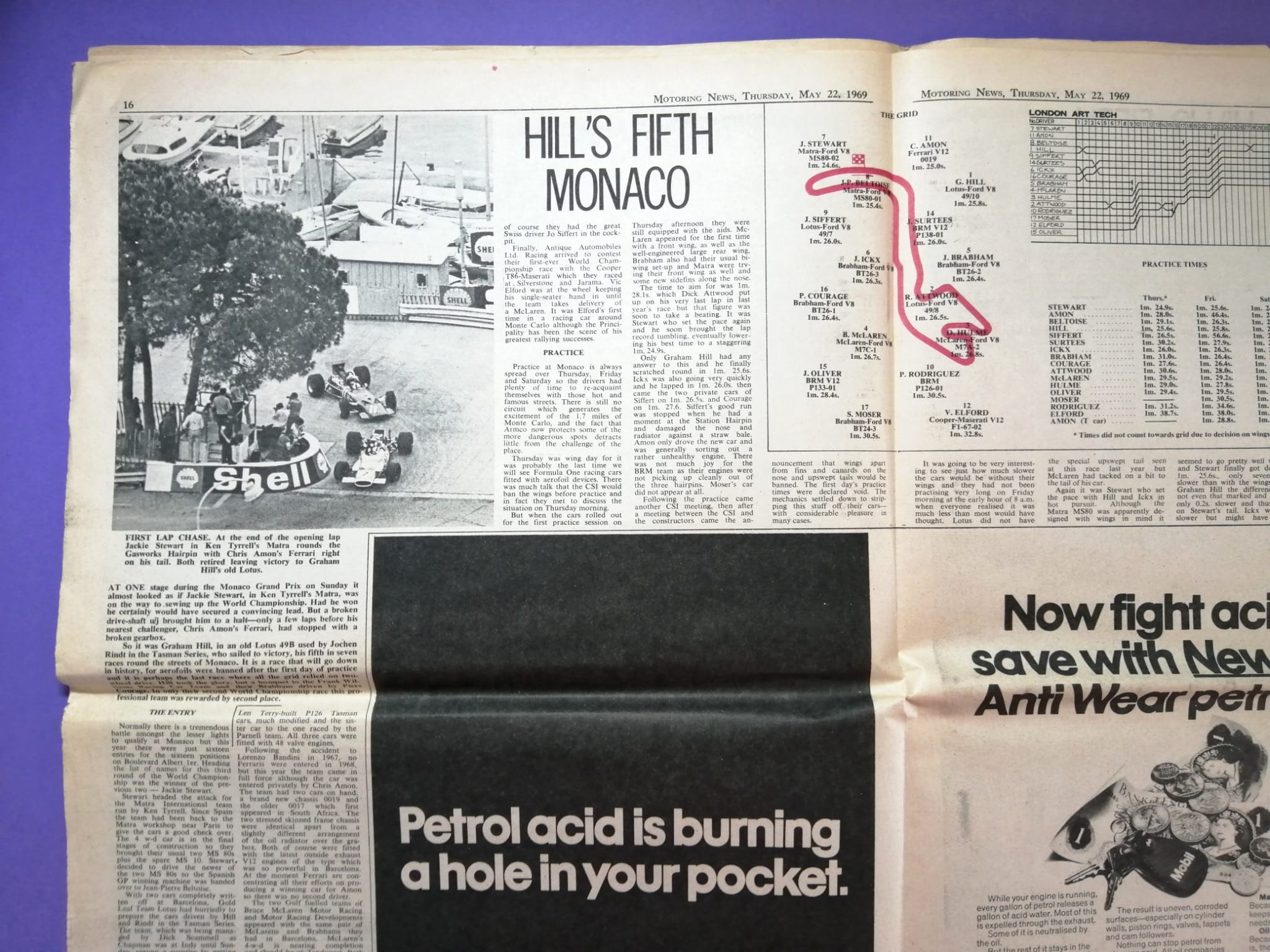 RARITÄT! alte Zeitung, Motoring News, 22. Mai 1969, G. Hill, Lotus, Sieger Formel 1 Monaco, R. Peterson Formel 3, Mini Cooper, Mikkola, Rallye,.. Englisch