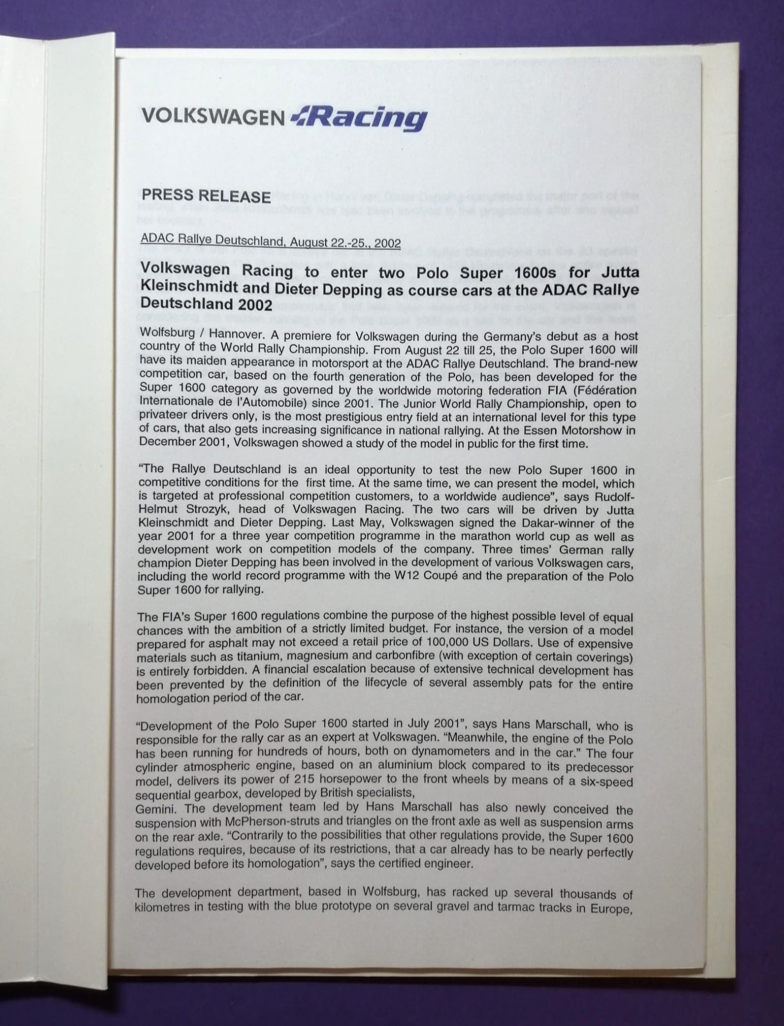 alte Pressemappe, Volkswagen Racing, Polo Super 1600 Rallye 2002, Kleinschmidt, Depping, Pons, Gottschalk Englisch!  