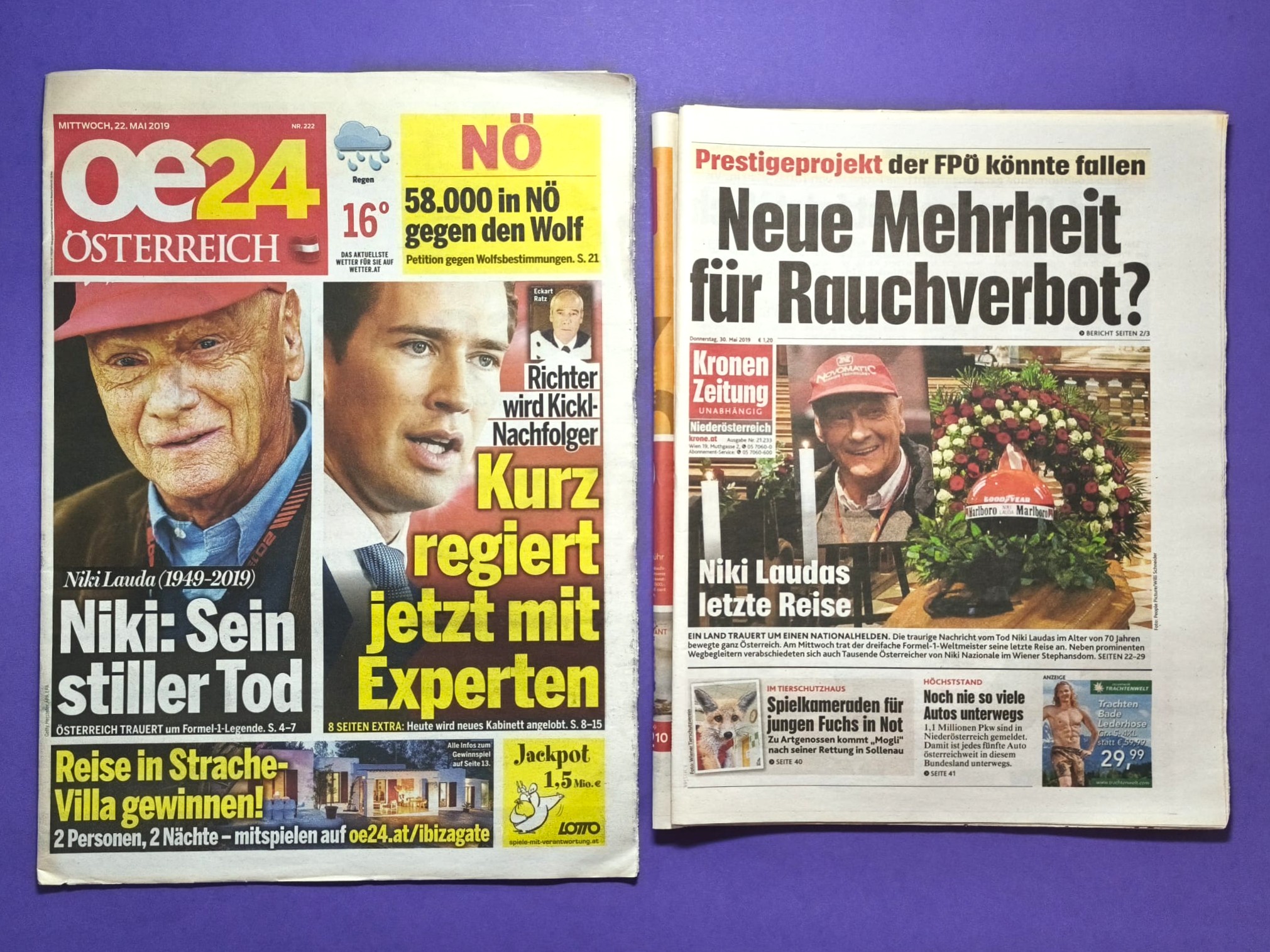 2 Stück Tageszeitungen, Krone, Österreich, Tod Niki Lauda, Formel 1 Grand Prix Weltmeister, 22. + 30. Mai 2019