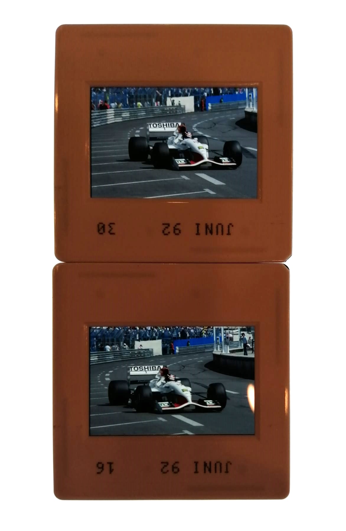 2 Stück alte Presse Foto DIAs, Aguri Suzuki, Footwork Mugen Honda, Formel 1 Grand Prix Monaco 1992, 5x5cm