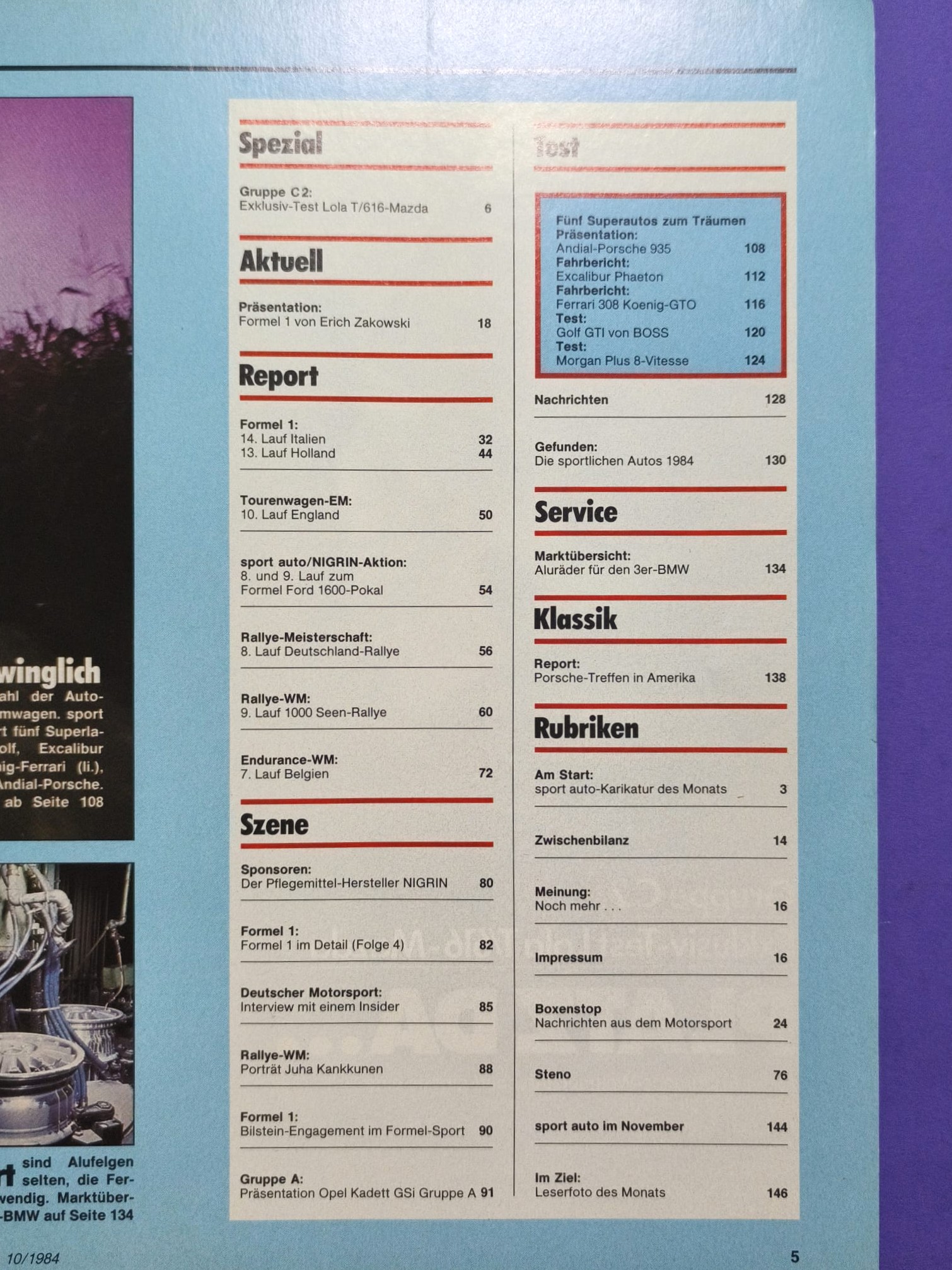 alte Zeitschrift Magazin Heft Sport Auto, 10/1984, Präsentation Zakspeed, Niki Lauda, Elio de Angelis, Lotus,..