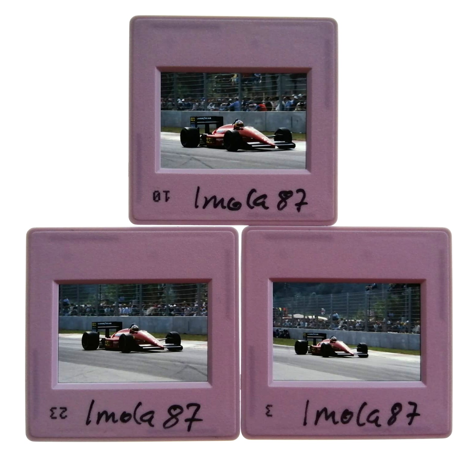 3 Stück alte Presse Foto DIAs, Michele Alboreto, Ferrari, Formel 1 Grand Prix San Marino Imola 1987, 5x5cm 