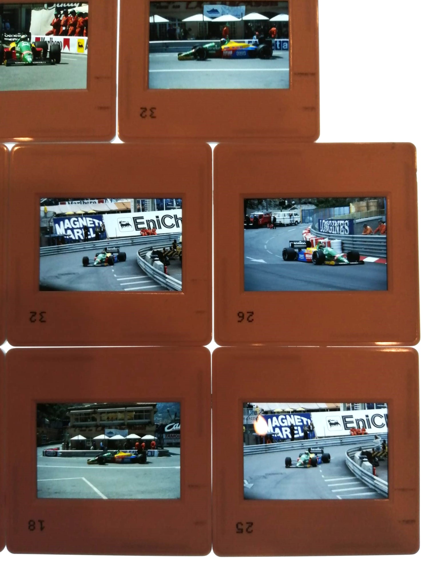 8 Stück alte Presse Foto DIAs, Alessandro Nannini, Thierry Boutsen, Benetton Ford, Formel 1 Grand Prix Monaco 1988, 5x5cm