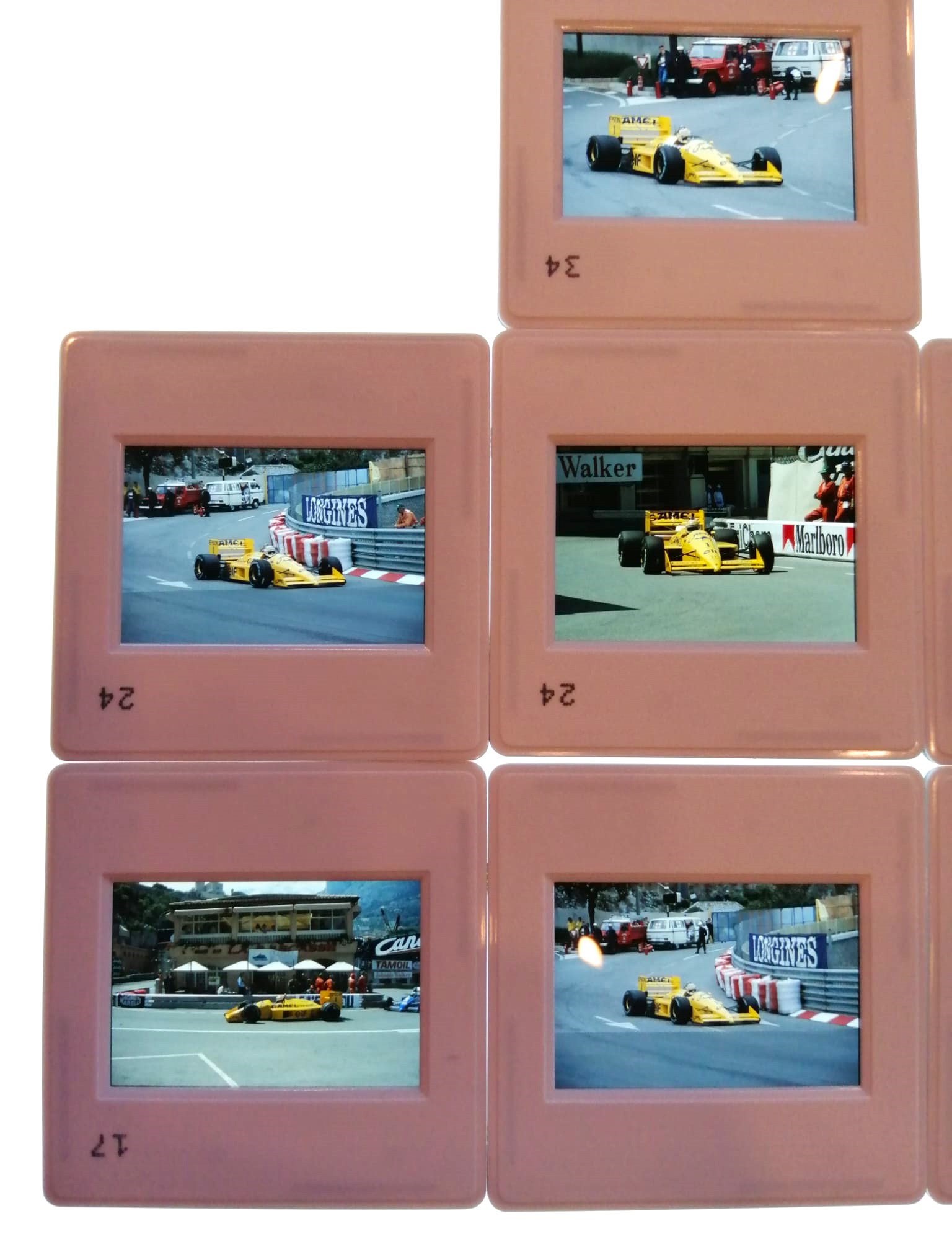 7 Stück alte Presse Foto DIAs, Nelson Piquet, Camel Lotus Honda, Formel 1 Grand Prix Monaco 1988, 5x5cm