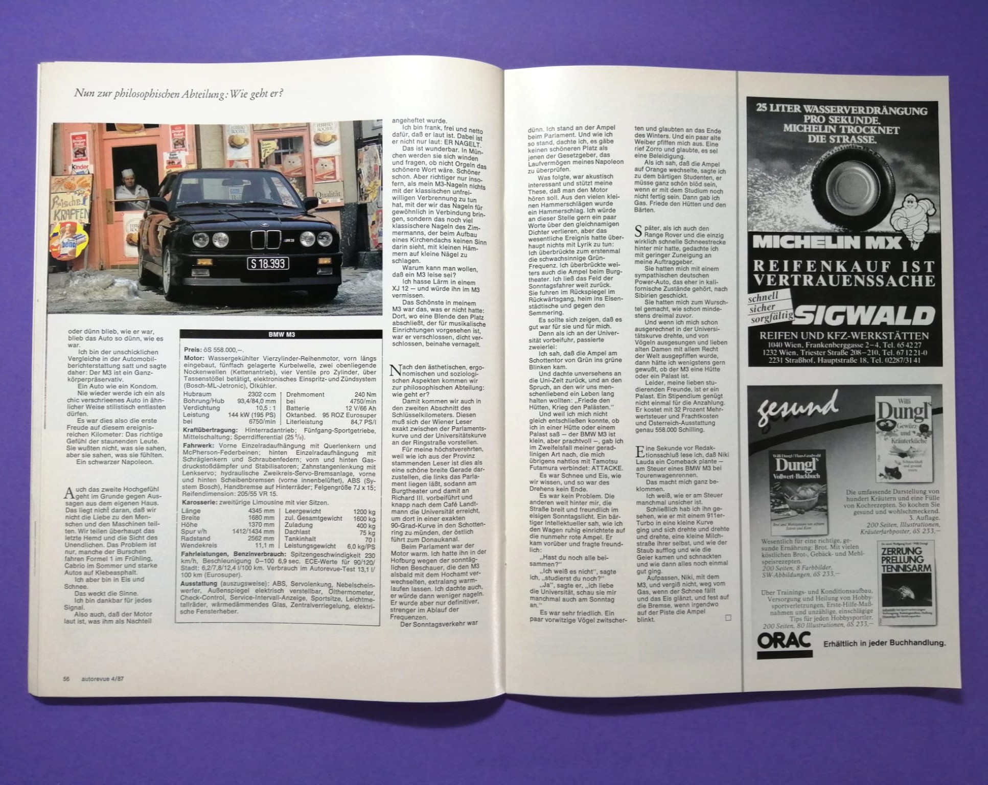 alte Auto Revue Zeitschrift Magazin Heft, 04/1987, Testbericht BMW M3 E30, Rallyecross EM Melk, Bentza, Breiteneder,.. mit Mittelposter Gerhard Berger, erster Ferrari Test Formel 1