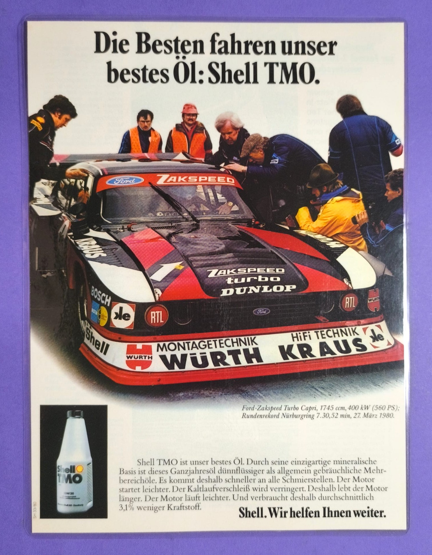 alte Shell Motorölwerbung laminiert, Zakspeed Ford Turbo Capri, DRM 1980, 21x28cm
