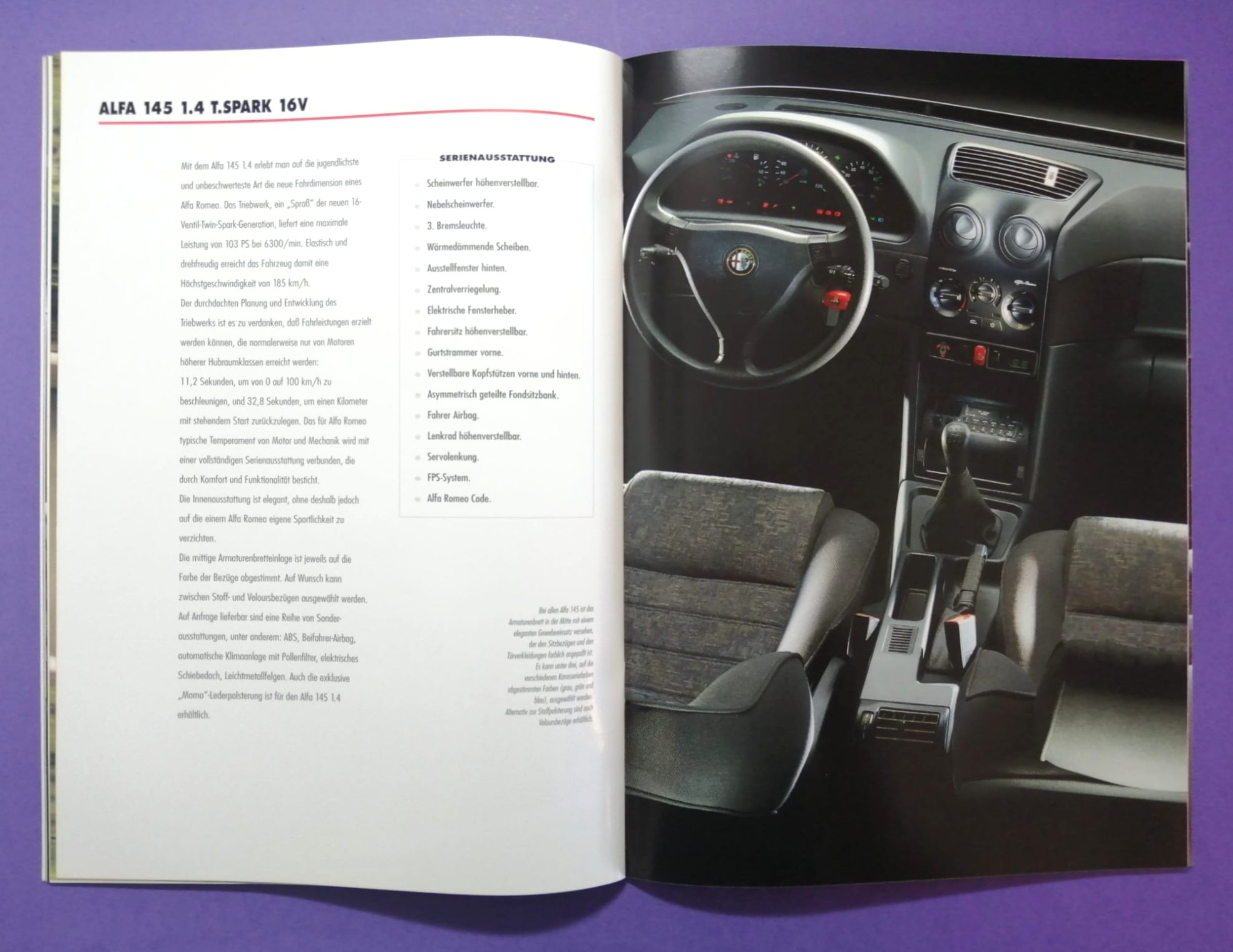 altes Original Autoprospekt, Alfa-Romeo 145, TI, Quadrifoglio,... aus dem Jahr 1997, 2 teilig