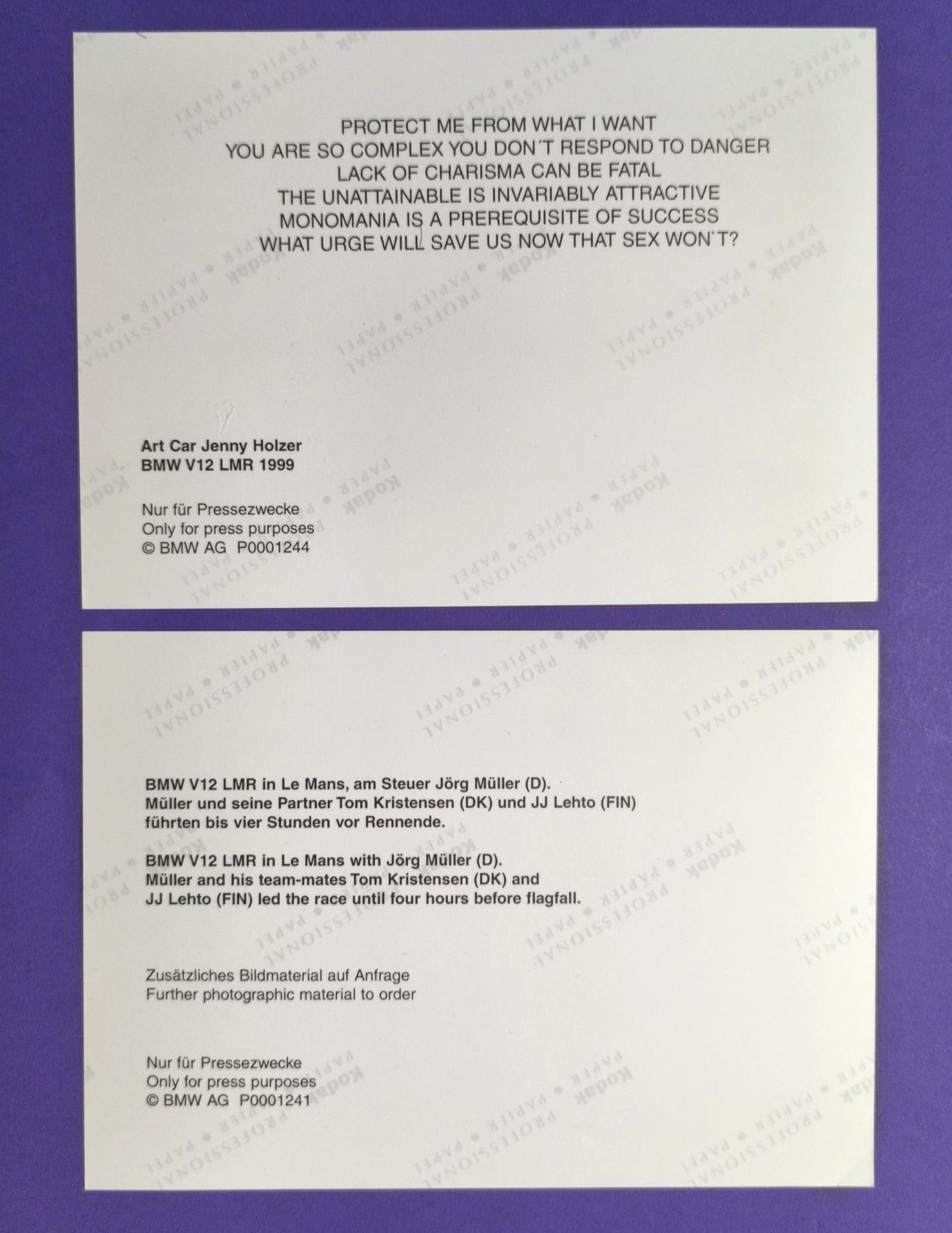 2 Stück alte Presse Werksfotos, BMW V12 LMR, 24h LeMans 1999, J.J. Lehto, T. Kristensen, J. Müller, + Art Car Jenny Holzer, 13x18cm