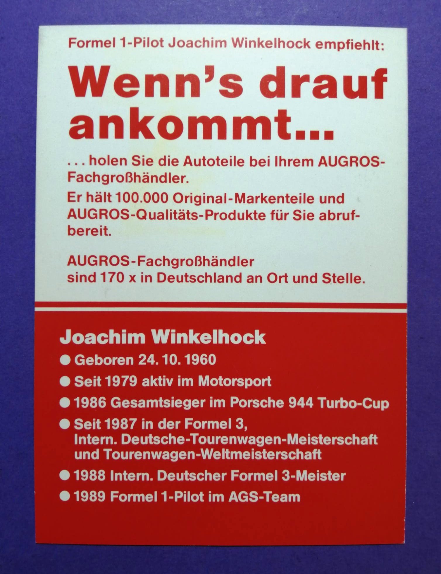 alte Autogrammkarte, Bernd Schneider, West Zakspeed Yamaha, Formel 1 Grand Prix 1989, 10x15cm