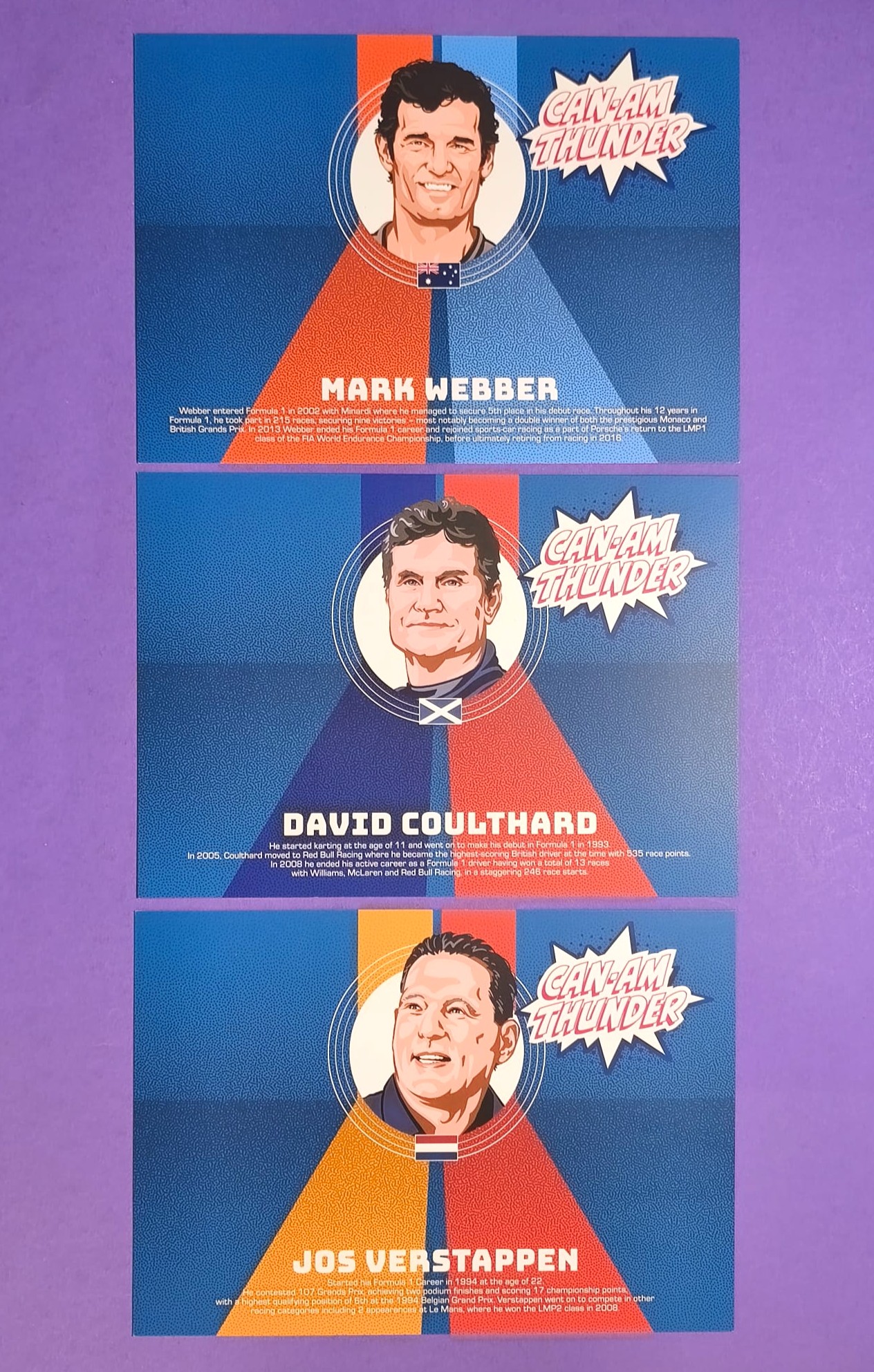 3 Stück Autogrammkarten NEU, CAN-AM Serie, Lola, McLaren, Coulthard, Verstappen, Webber, Legenden Parade Formel 1 Grand Prix Österreich 2023, 15x21cm