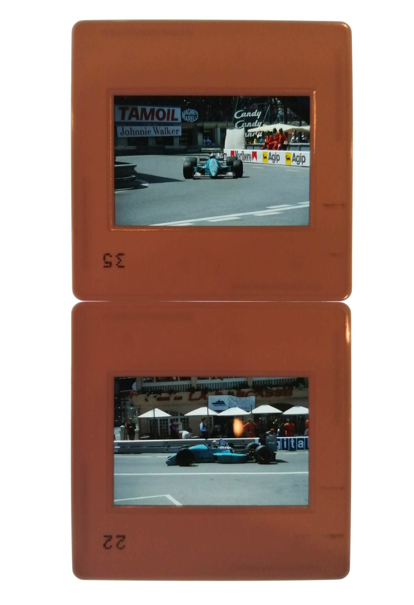 2 Stück alte Presse Foto DIAs, Ivan Capelli, Leyton House March Judd, Formel 1 Grand Prix Monaco 1988, 5x5cm