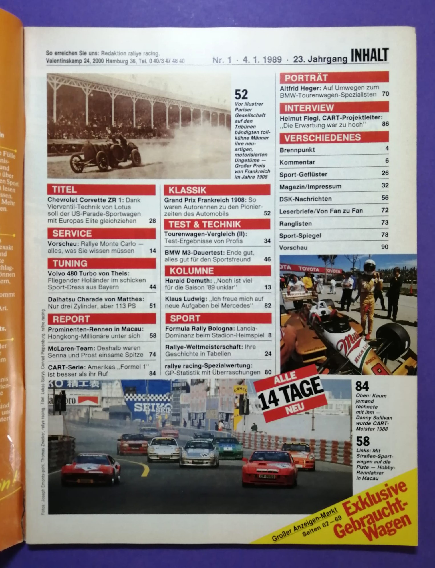 alte Zeitschrift, Magazin, Heft, Rallye Racing, Nr. 1, 4. Jänner 1989, Testbericht BMW M3 E30, DTM, Martini Lancia Delta, Rallye Monte Carlo, Senna McLaren,..