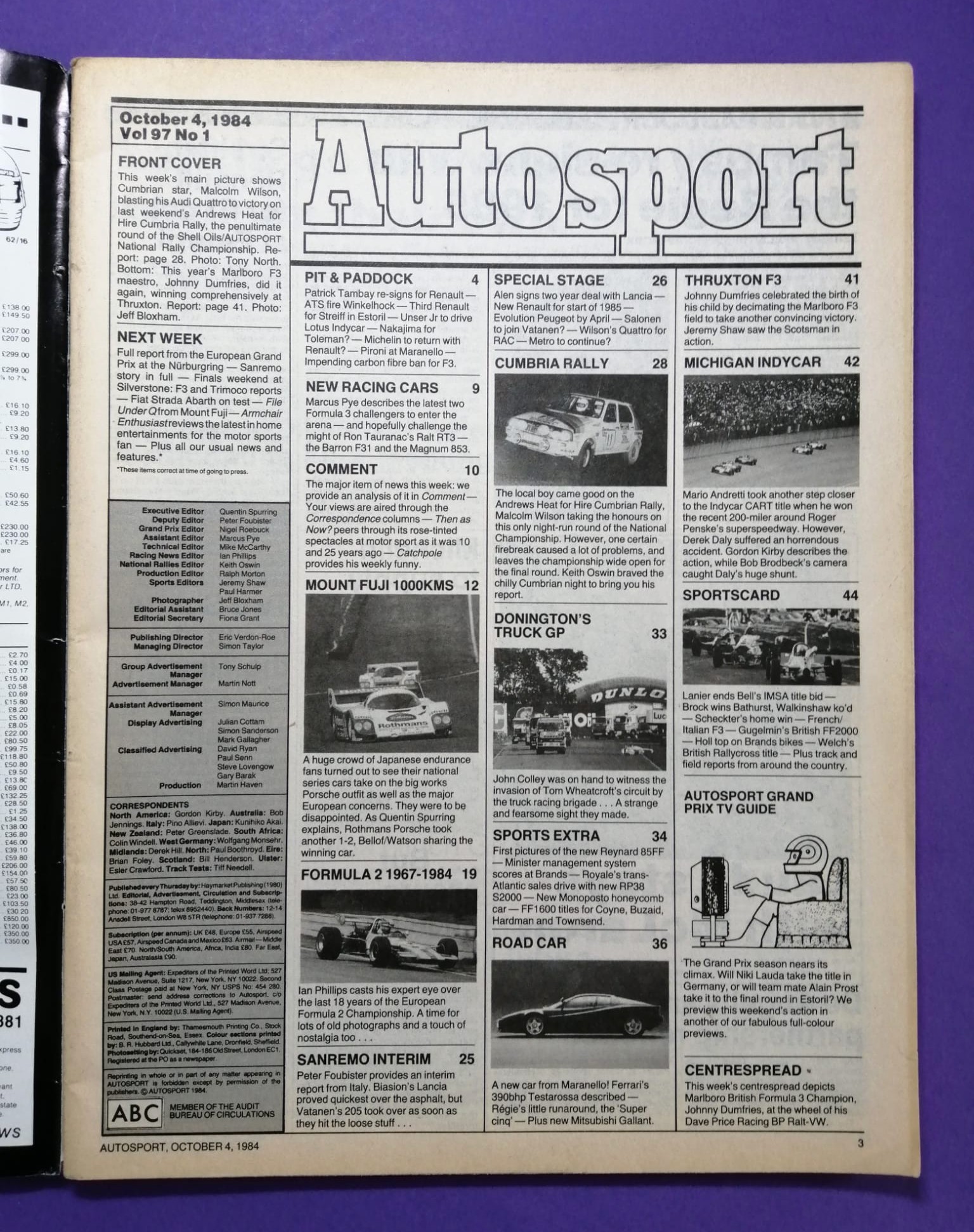 alte Zeitschrift Magazin Heft Autosport, 4. Oktober 1984, Stefan Bellof, Porsche 956, Sportwagen WM Fuji, Audi Quattro Rallye Cumbria,.. Englisch!