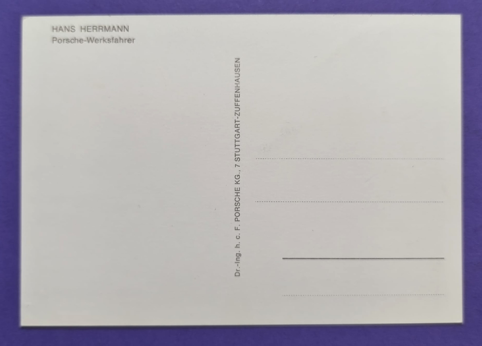 Original Autogramm, Hans Herrmann, Werksfahrer Porsche 917, 70er Jahre, alte Original Porsche Karte 10x15cm