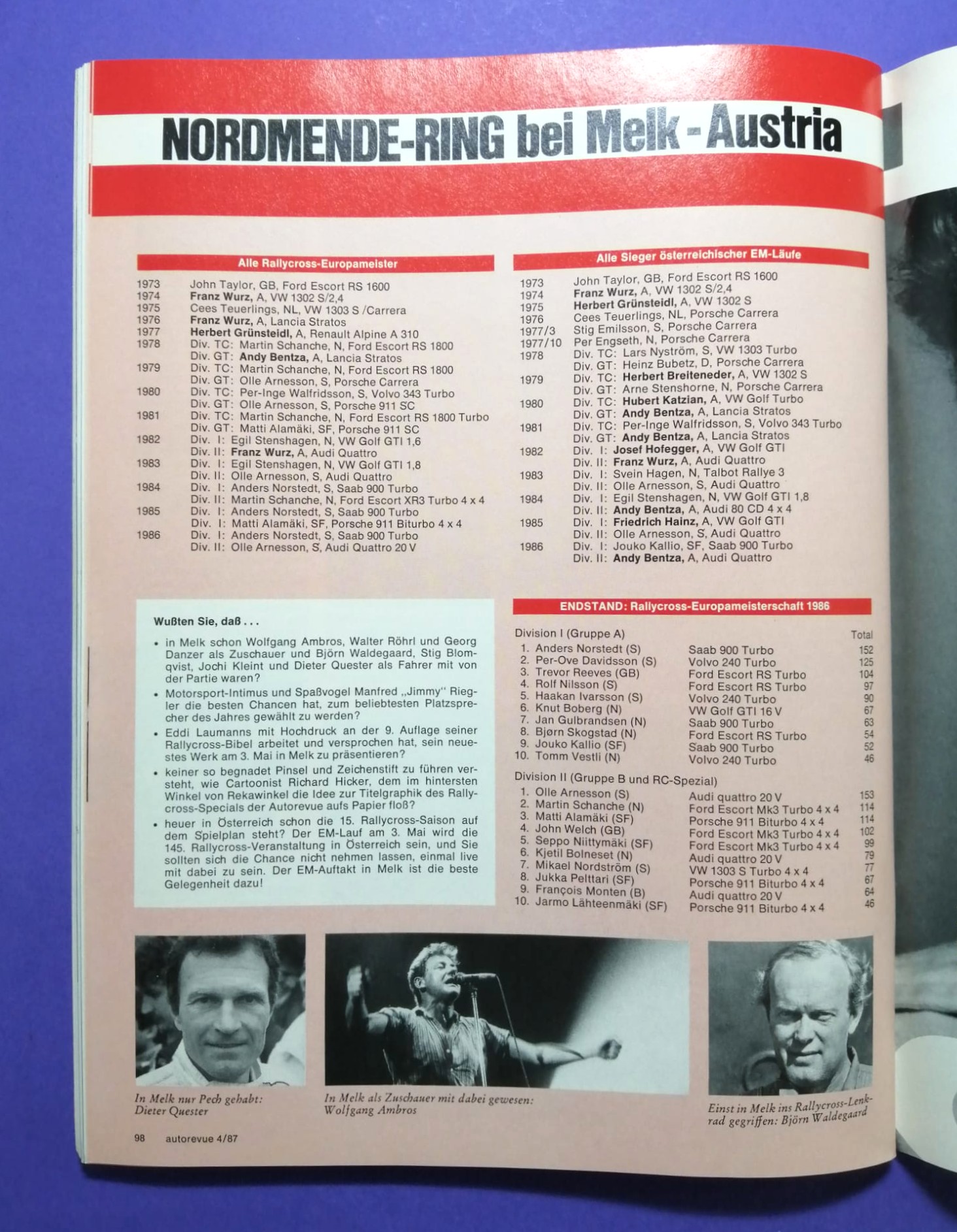 alte Auto Revue Zeitschrift Magazin Heft, 04/1987, Testbericht BMW M3 E30, Rallyecross EM Melk, Bentza, Breiteneder,.. mit Mittelposter Gerhard Berger, erster Ferrari Test Formel 1