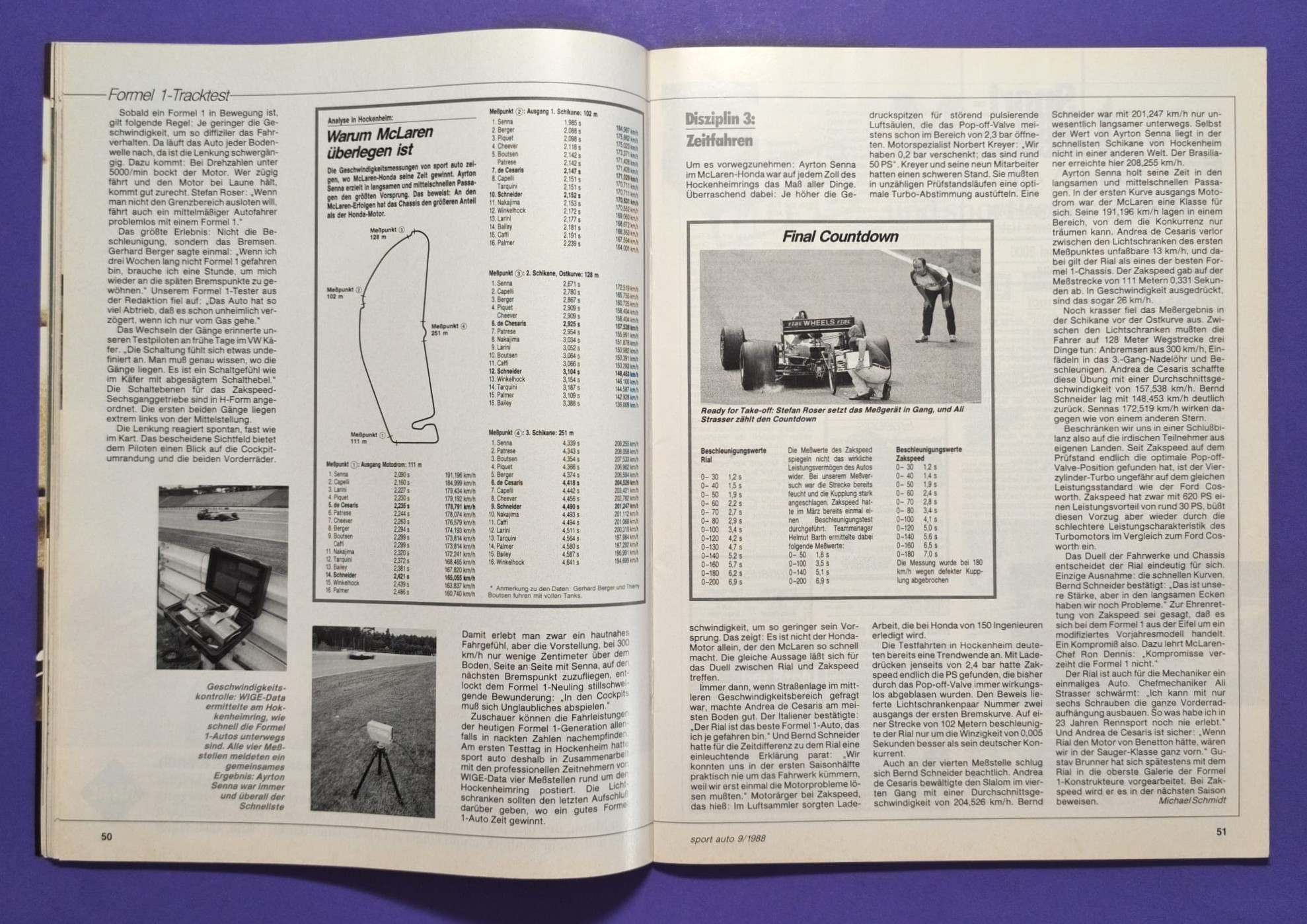 alte Zeitschrift Magazin Heft Sport Auto, 9/1988, West Zakspeed Formel 1 Grand Prix, Test BMW Alpina B6 3.5S E30, Martini Porsche 911, 935/78 Moby Dick, Würth Supercup, Ayrton Senna,..