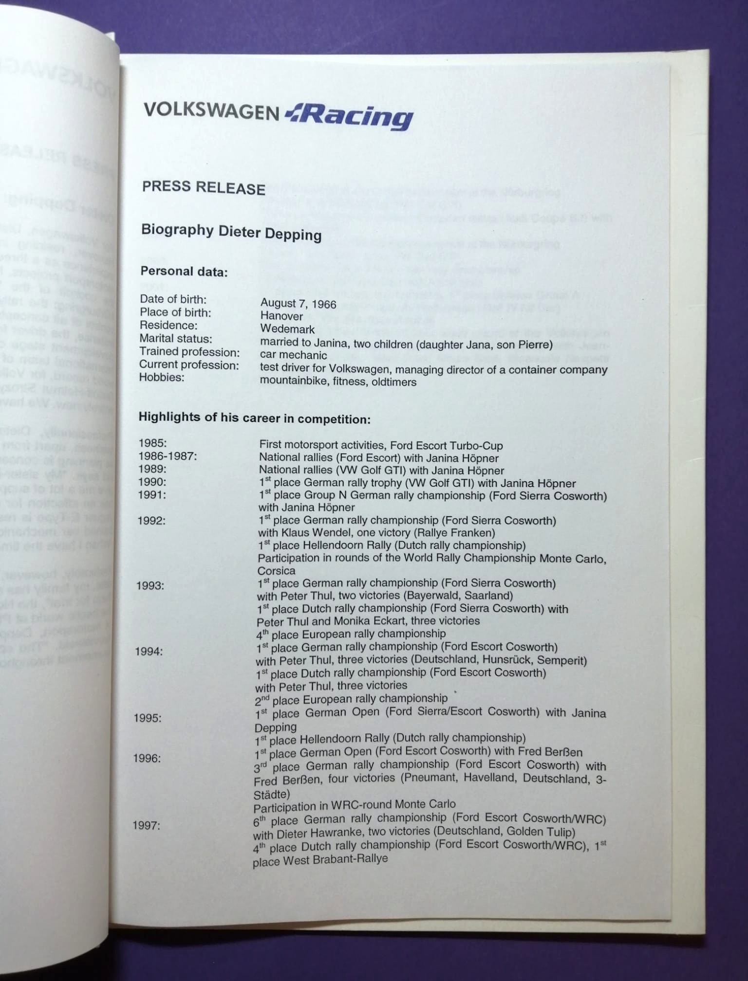 alte Pressemappe, Volkswagen Racing, Polo Super 1600 Rallye 2002, Kleinschmidt, Depping, Pons, Gottschalk Englisch!  