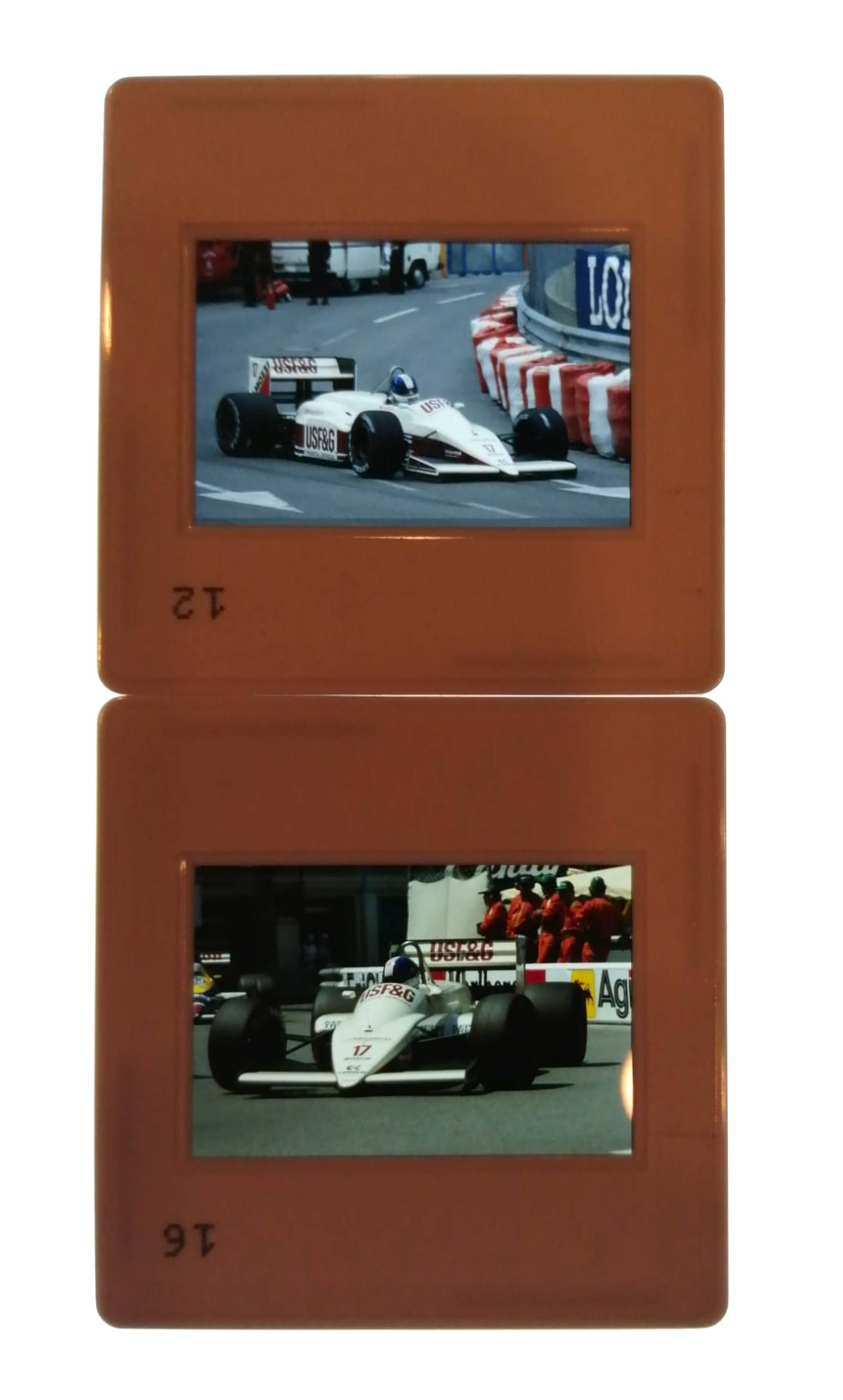 2 Stück alte Presse Foto DIAs, Derek Warwick, Arrows, Formel 1 Grand Prix Monaco 1988, 5x5cm