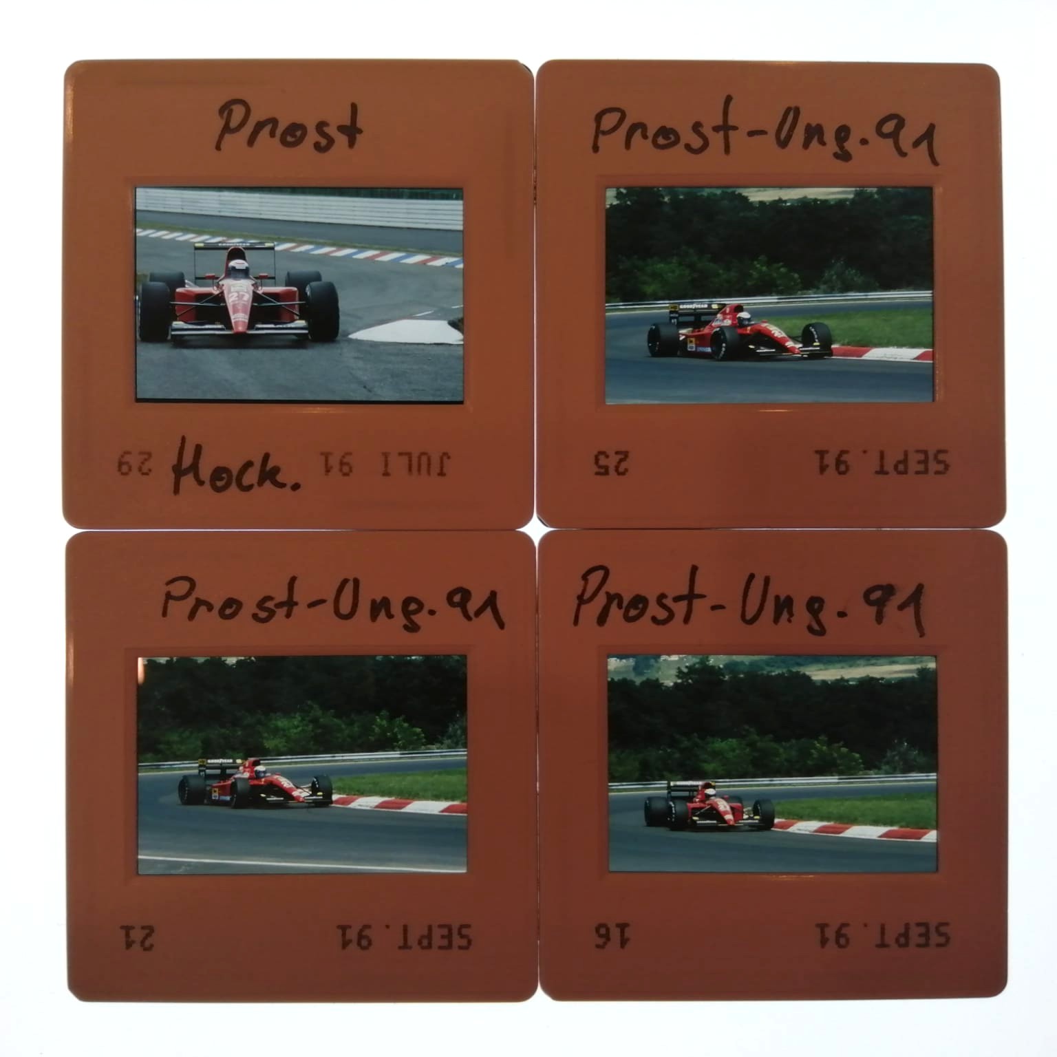 4 Stück alte Presse Foto DIAs, Alain Prost, Ferrari, Formel 1 Grand Prix Ungarn, Hockenheim 1991, 5x5cm 